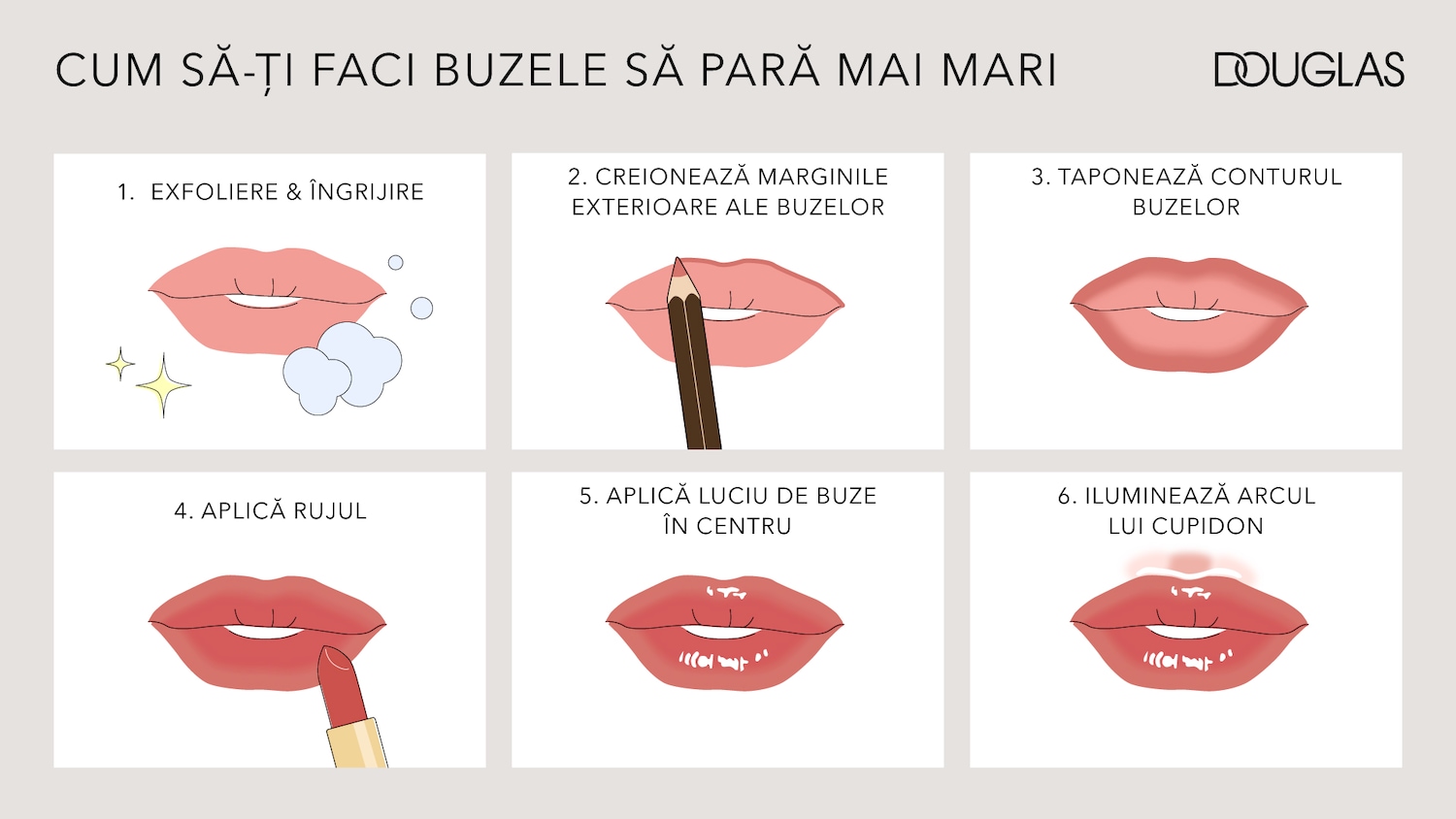 Descoperă cum să faci buzele tale să pară mai pline cu acești șase pași simpli de la Douglas, începând cu exfolierea și îngrijirea pentru o bază netedă.