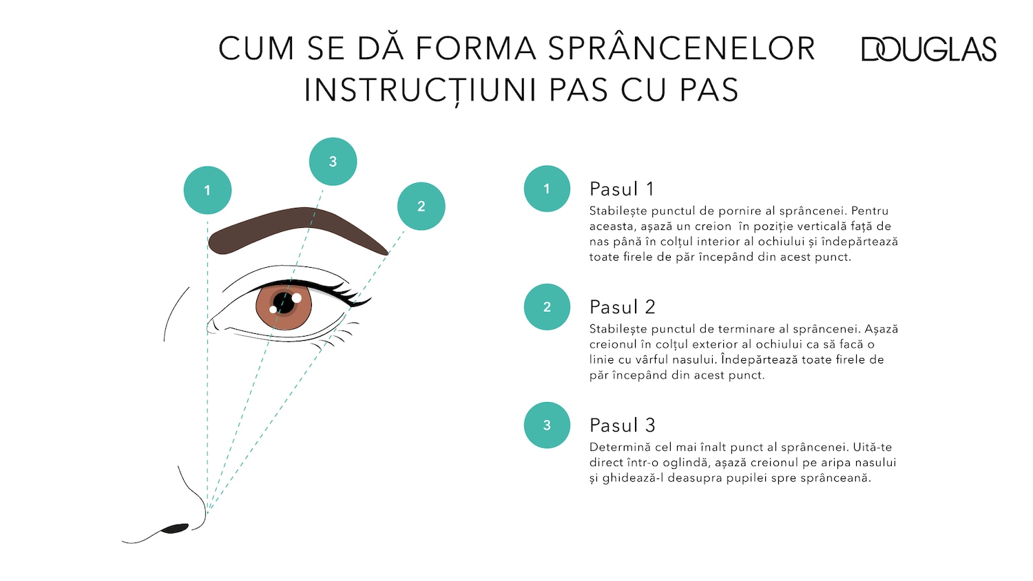Ilustrație cu instrucțiuni pas cu pas despre cum să dai forma sprâncenelor, conform indicațiilor Douglas.