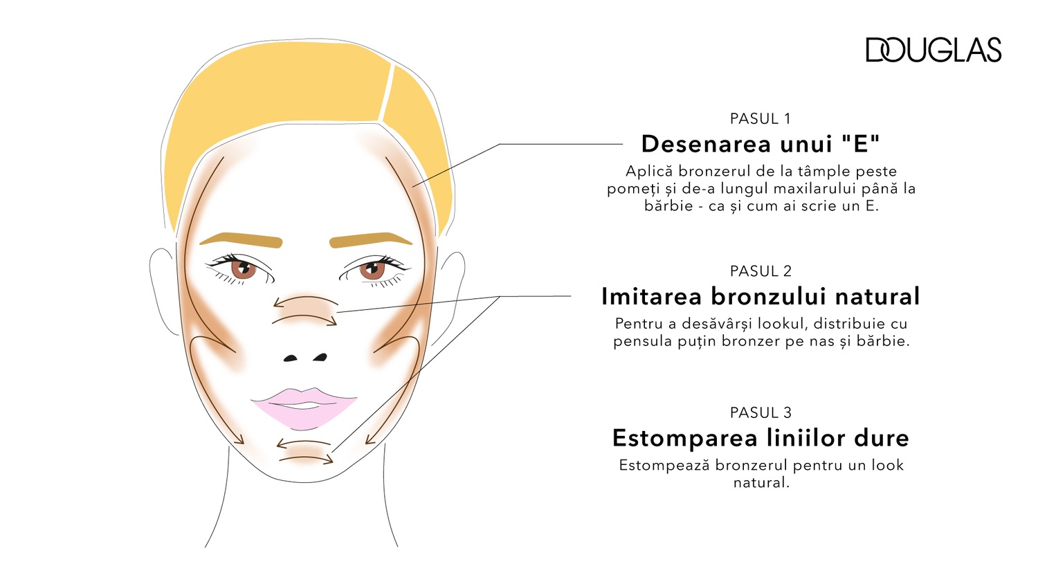 Ilustrație cu o față feminină care arată cum să aplici bronzerul în formă de E pe tâmple, pomeți și maxilar pentru un aspect natural.
