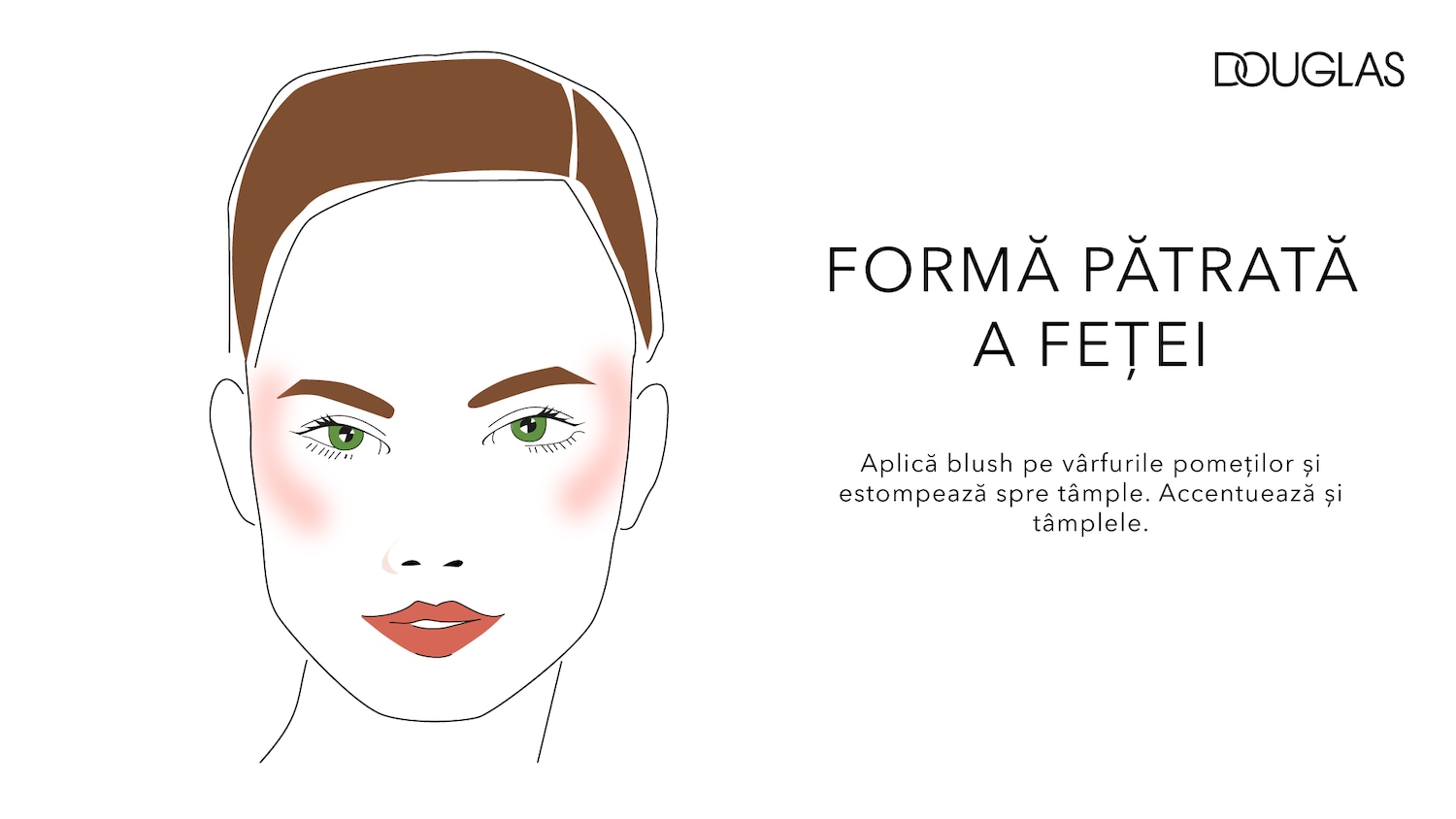 Ilustrație cu o față feminină cu forma pătrată, cu blush aplicat pe pomeți și tâmple, conform instrucțiunilor Douglas.
