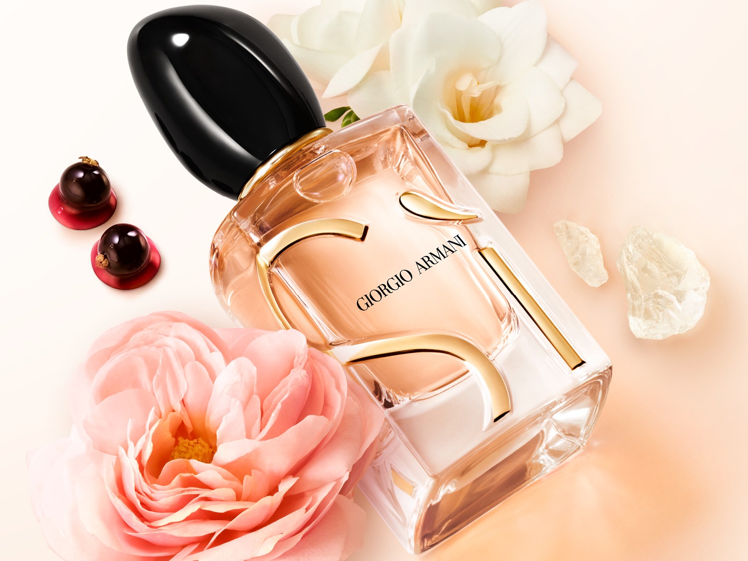 Een elegante Giorgio Armani parfumfles met gouden accenten en een zwarte dop, omringd door zachte roze en witte bloemen, en twee chocolade lekkernijen.