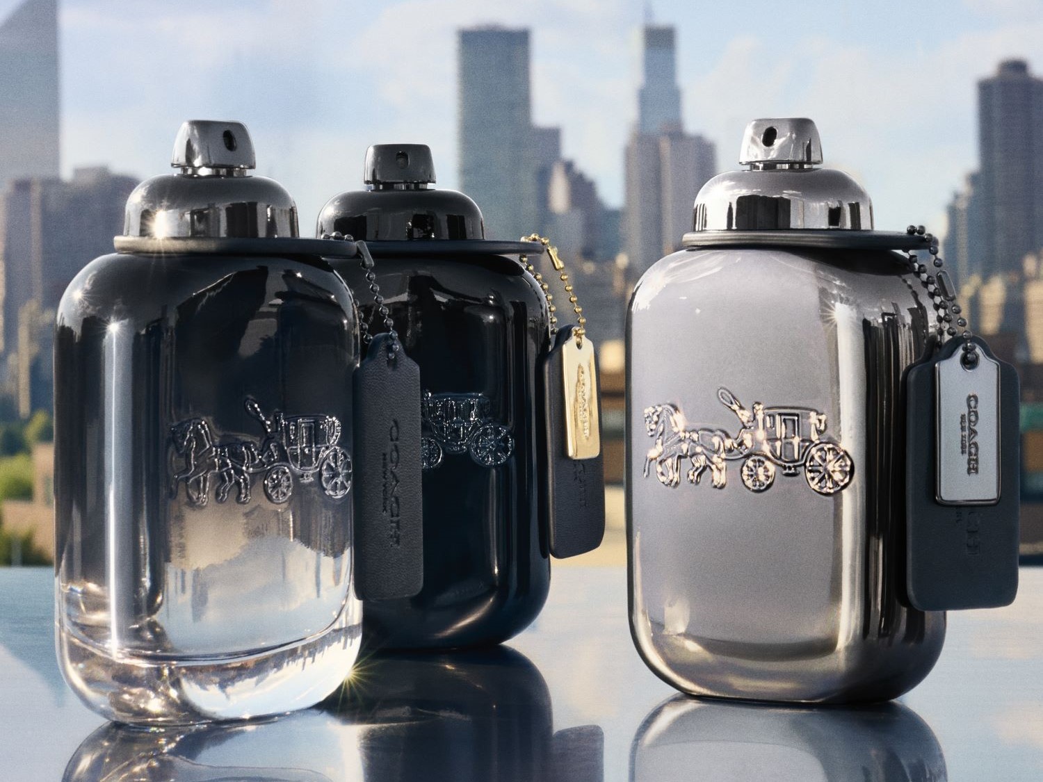 Trei sticle de parfum Coach stau în picioare, fiecare cu un design elegant și o etichetă distinctivă, evocând un sentiment de lux urban.