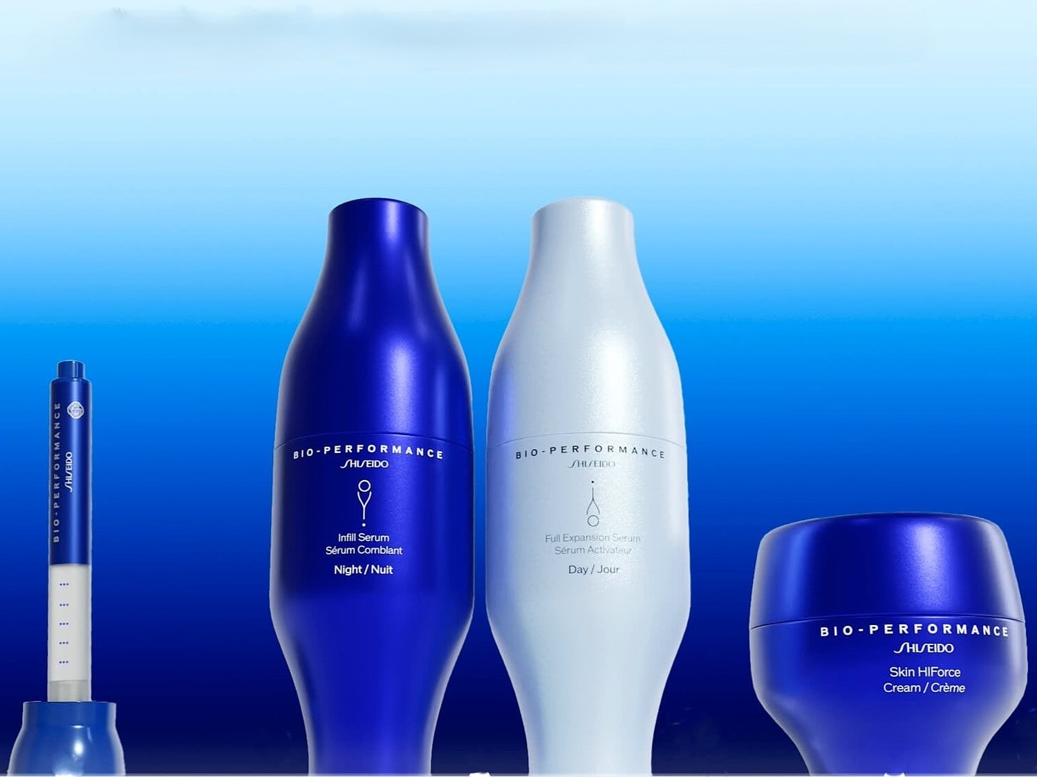 Descoperă gama Shiseido Bio-Performance: seruri și creme inovatoare pentru zi și noapte, prezentate în ambalaje elegante albastre și albe, pentru o îngrijire completă a pielii.