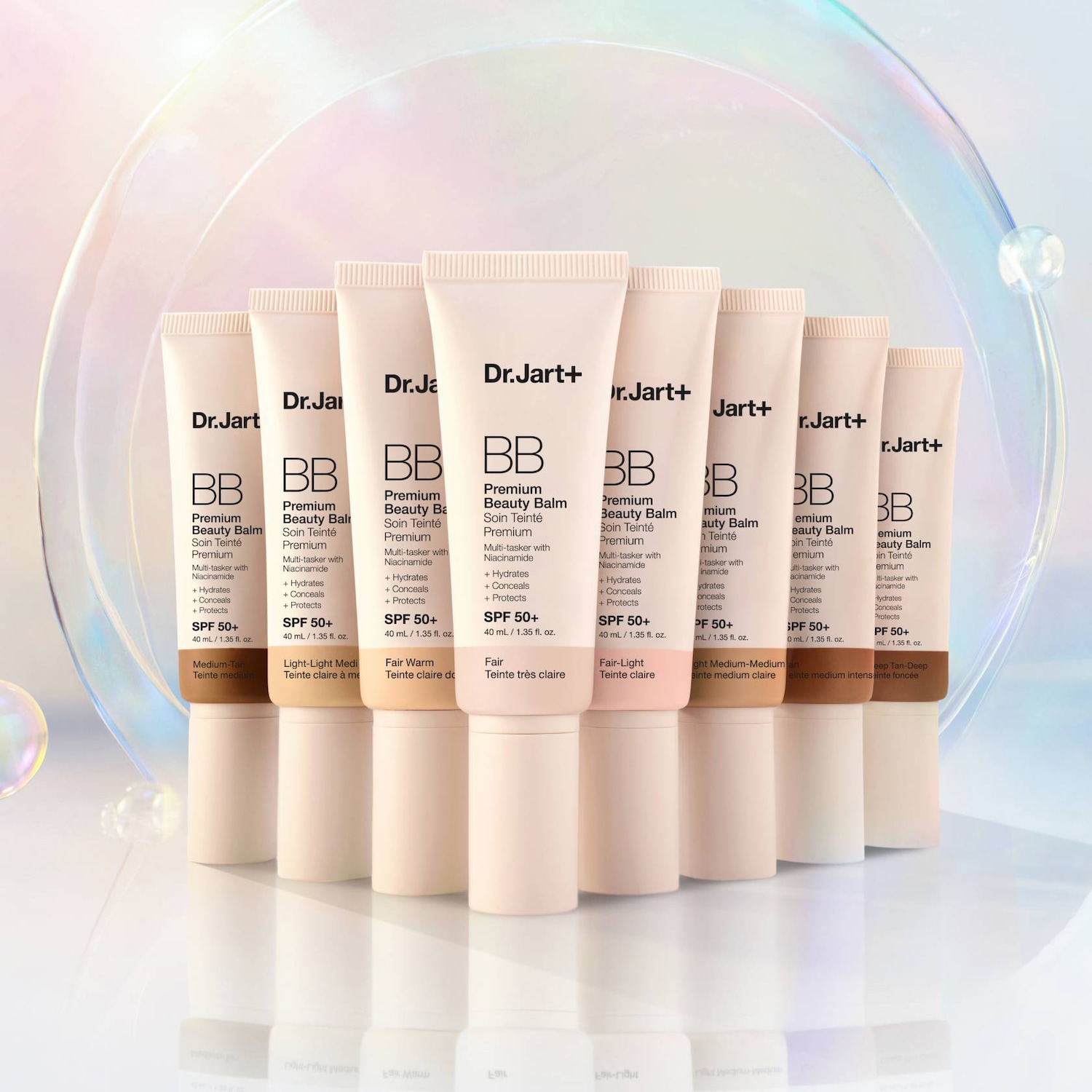 Odkryj gamę kremów BB Dr. Jart+ Premium Beauty Balm SPF 50+, dostępnych w wielu odcieniach, od jasnych po ciemne, zapewniających nawilżenie, krycie i ochronę przeciwsłoneczną.
