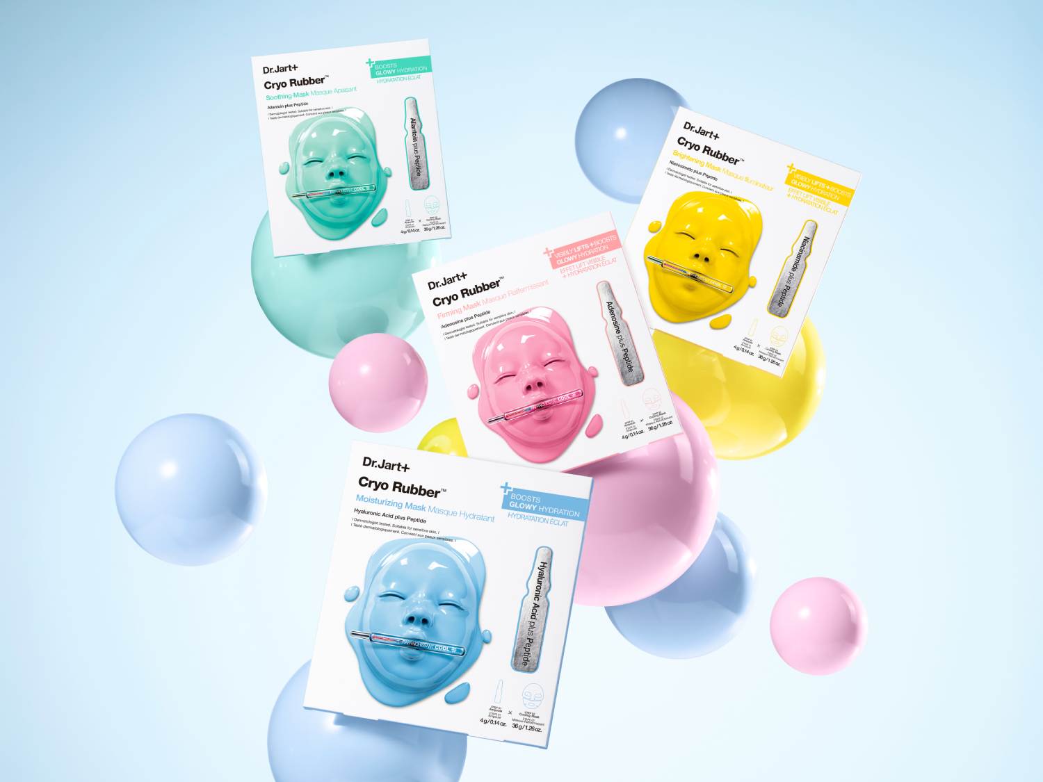 Różnokolorowe maski do twarzy Dr.Jart+ Cryo Rubber™ z różnymi wariantami, w tym kojąca, rozjaśniająca, ujędrniająca i nawilżająca, każda z peptydami, unoszą się na tle w pastelowych kolorach.