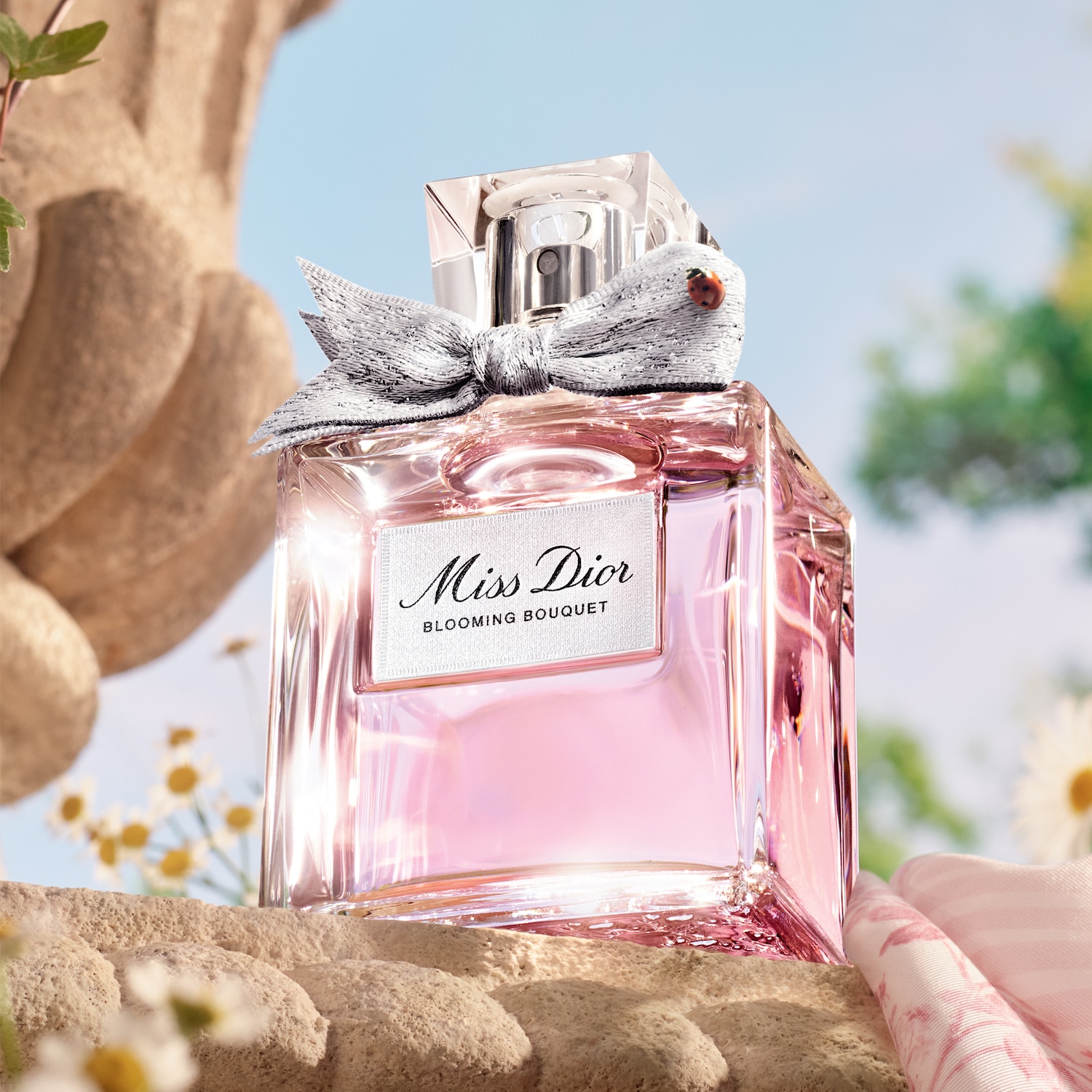 Découvrez Miss Dior Blooming Bouquet, une fragrance florale et pétillante présentée dans un flacon élégant orné d'un nœud argenté délicat.