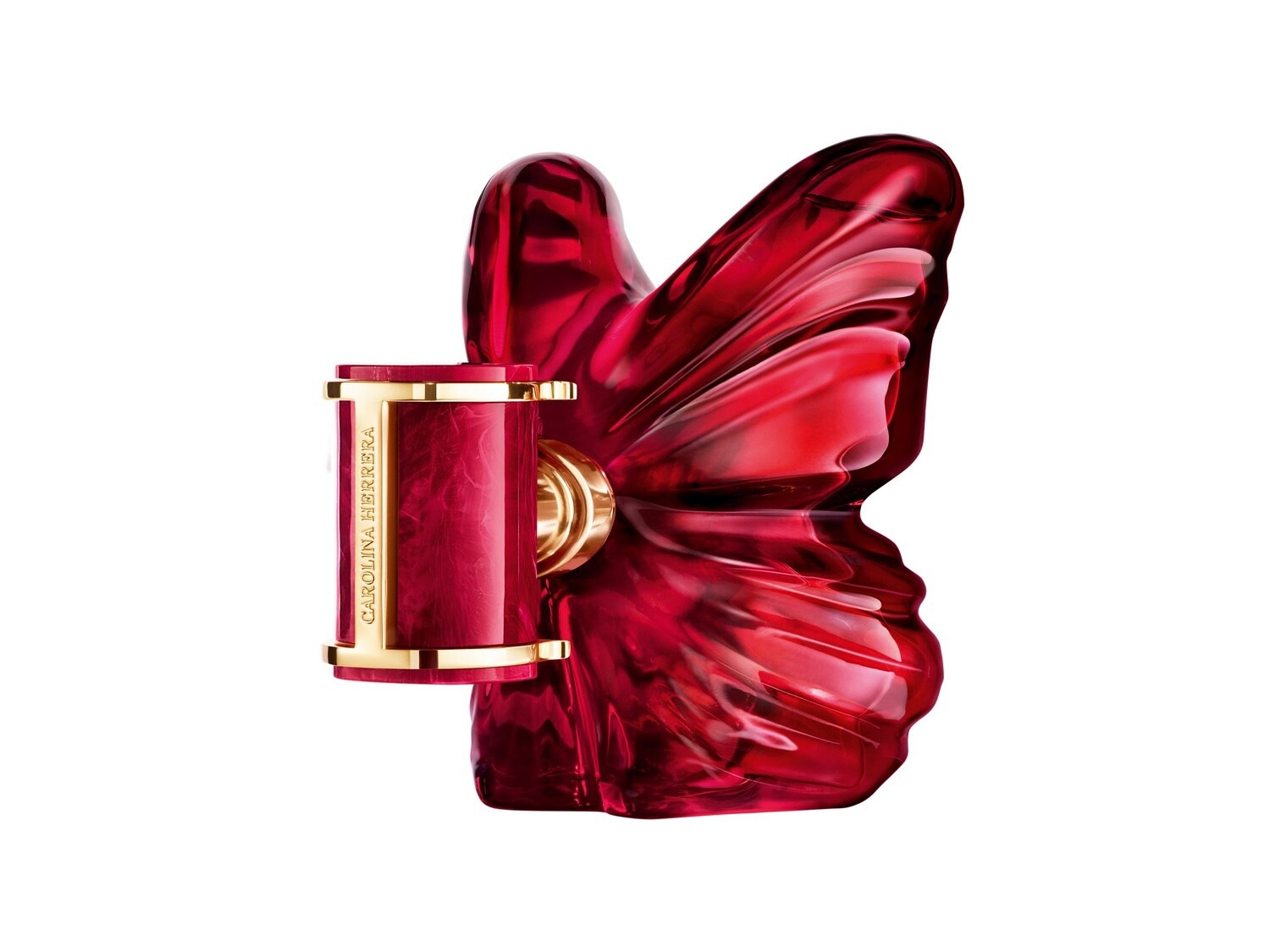 Un flacon de parfum Carolina Herrera roșu, în formă de fluture, cu detalii aurii, este prezentat pe un fundal alb.