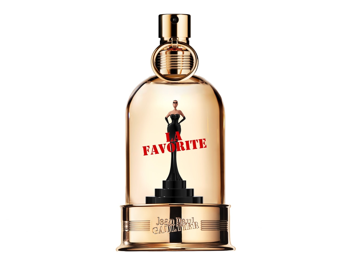 Descoperiți parfumul Jean Paul Gaultier La Favorite, o sticlă aurie elegantă, cu o siluetă feminină neagră și textul roșu „LA FAVORITE” în centru, perfectă pentru a adăuga o notă de lux colecției dumneavoastră.