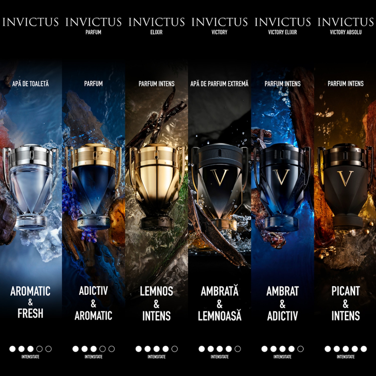 Explorează colecția Invictus: Apa de toaletă cu note aromatice și proaspete, parfum intens cu lemnos, și parfumuri extreme cu ambră, toate într-un design trofeu.