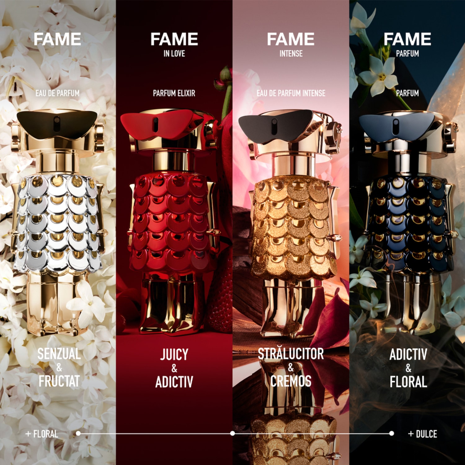 Descoperă colecția Fame, cu arome senzuale și fructate în Eau de Parfum, parfumuri elixir suculente și captivante, arome intense Eau de Parfum, parfumuri florale și captivante.