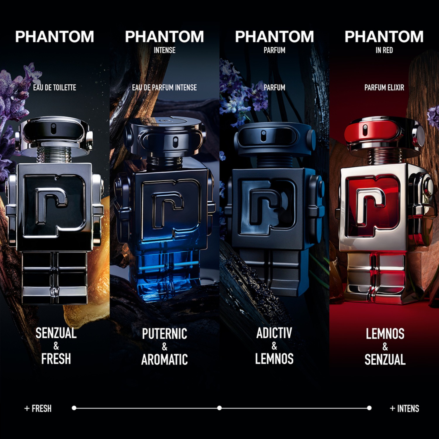 Descoperă Phantom, un parfum Eau de Toilette senzual și fresh, prezentat într-o sticlă argintie distinctivă, în formă de robot.