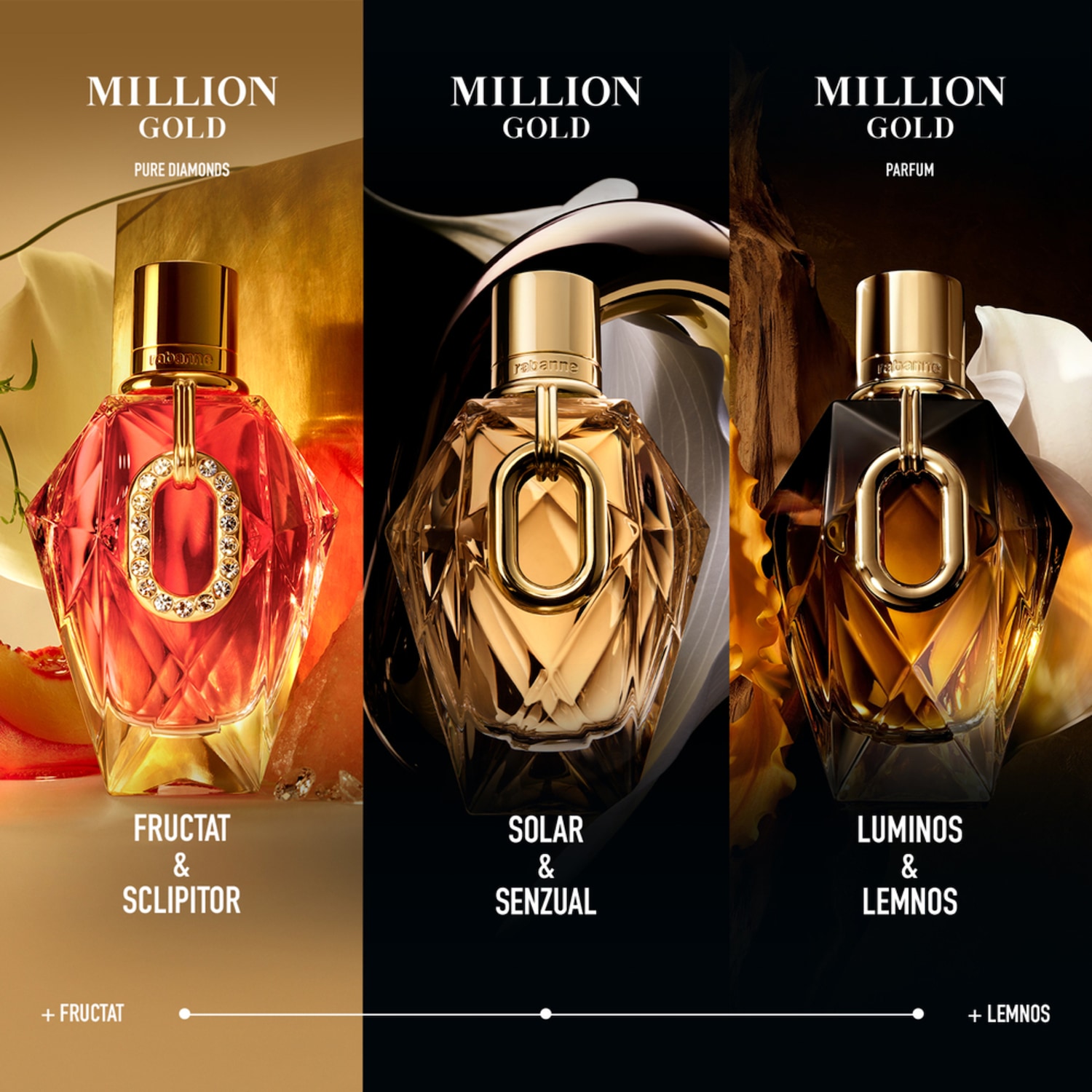 Descoperă Million Gold Pure Diamonds, un parfum fructat și sclipitor, prezentat într-o sticlă fațetată, cu detalii aurii și accente strălucitoare.