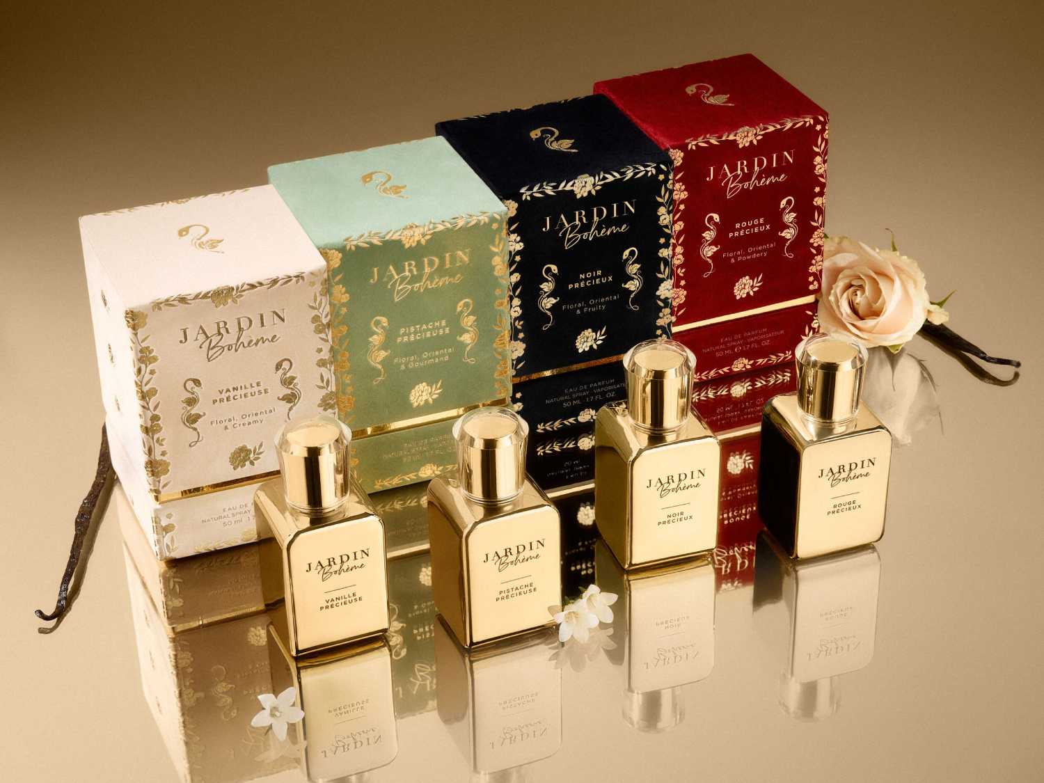 Elegancka kolekcja Jardin Bohème prezentuje cztery zapachy w ozdobnych flakonach: Vanille Précieuse, Pistache Précieuse, Noir Précieux i Rouge Précieux, każdy w unikalnym, kwiatowym opakowaniu.