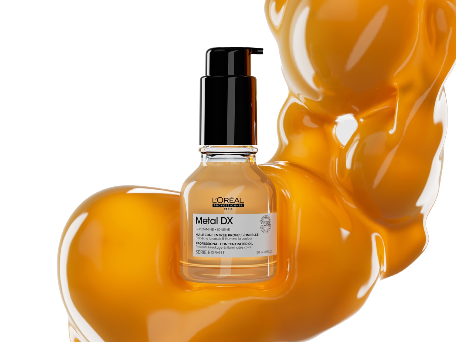 Eine durchsichtige Flasche L'Oréal Professionnel Metal DX Serie Expert Oil, eingebettet in eine cremige orangefarbene Blase auf weißem Hintergrund.