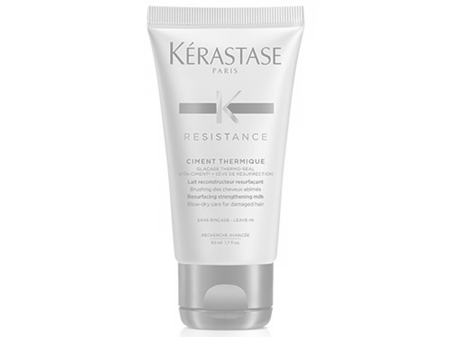 Le lait reconstructeur resurfaçant Kérastase Resistance Ciment Thermique de 50 ml, présenté dans un tube blanc avec un bouchon gris, est conçu pour le soin des cheveux abîmés.