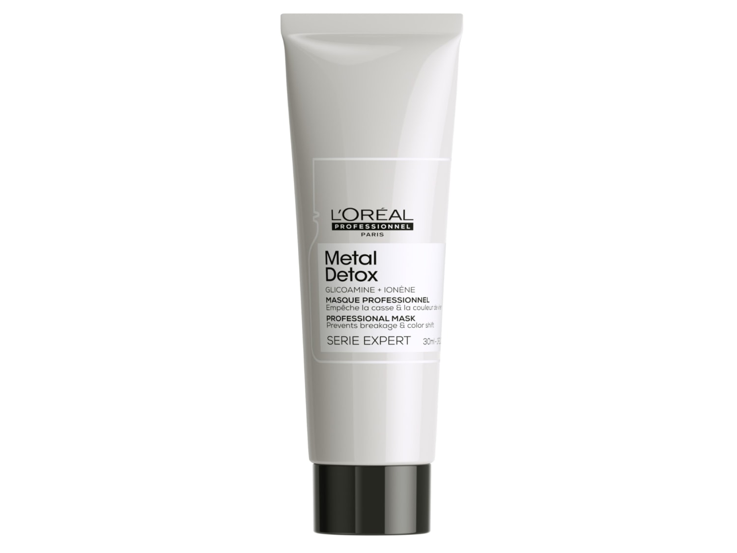 Le masque professionnel L'Oréal Professionnel Paris Metal Detox, présenté dans un tube blanc et noir de 30 ml, est formulé avec du Glicoamine et de l'Ionène pour prévenir la casse des cheveux et la décoloration.