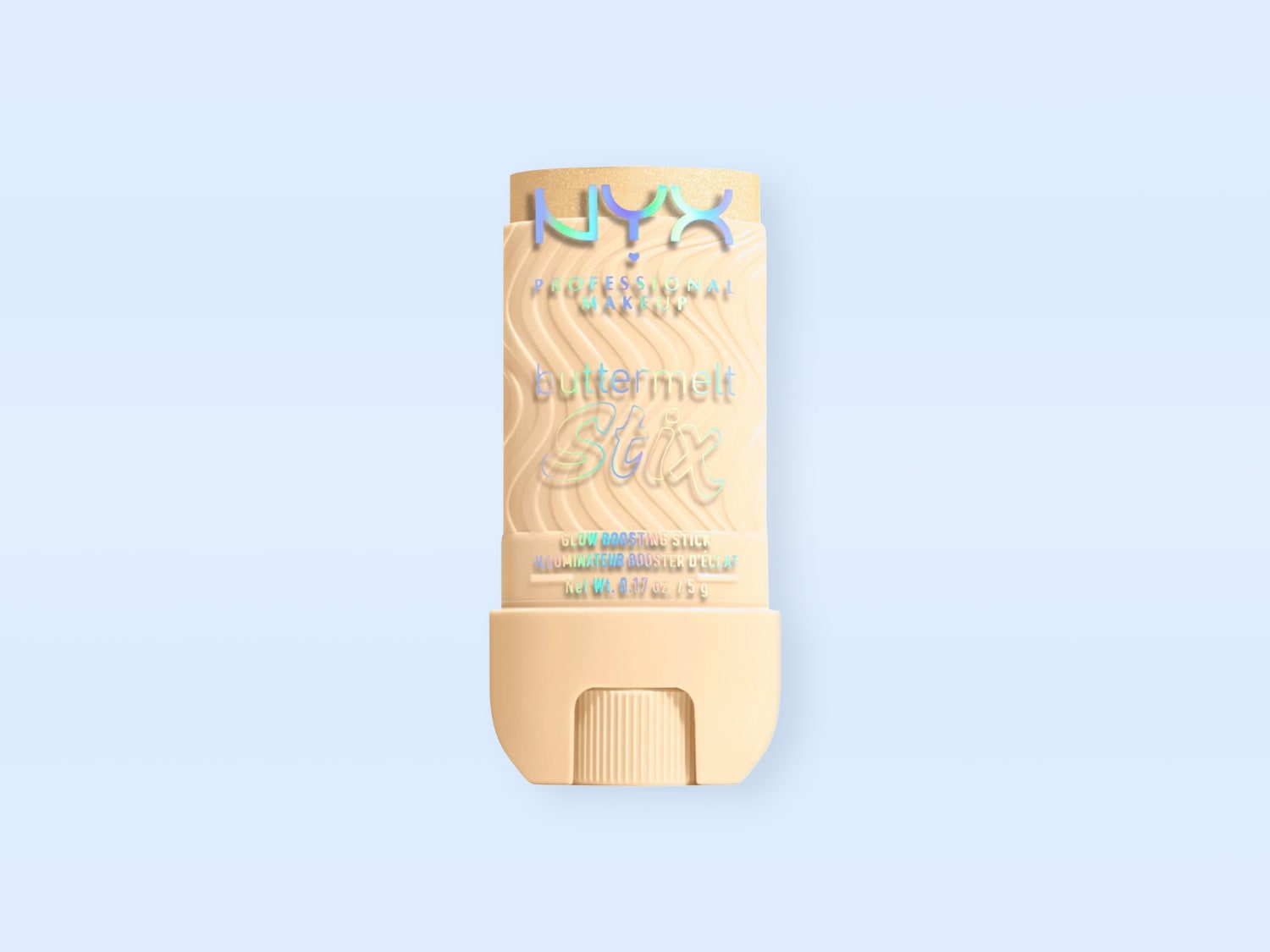 Der NYX Professional Makeup Buttermelt Stix Glow Boosting Stick ist ein cremiger Highlighter in einem beigen Stift mit wellenförmigem Design und holografischer Schrift, der für einen strahlenden Teint sorgt.