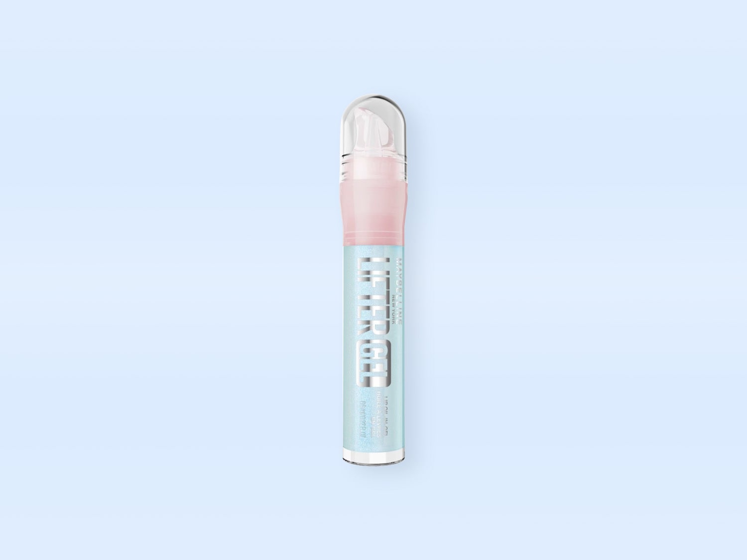 Der Maybelline New York Lifter Gloss in der Farbe 003 Moonlight ist ein Lipgloss in einer transparenten Tube mit einem hellblauen Etikett und rosa Akzenten, der für glänzende Lippen sorgt.
