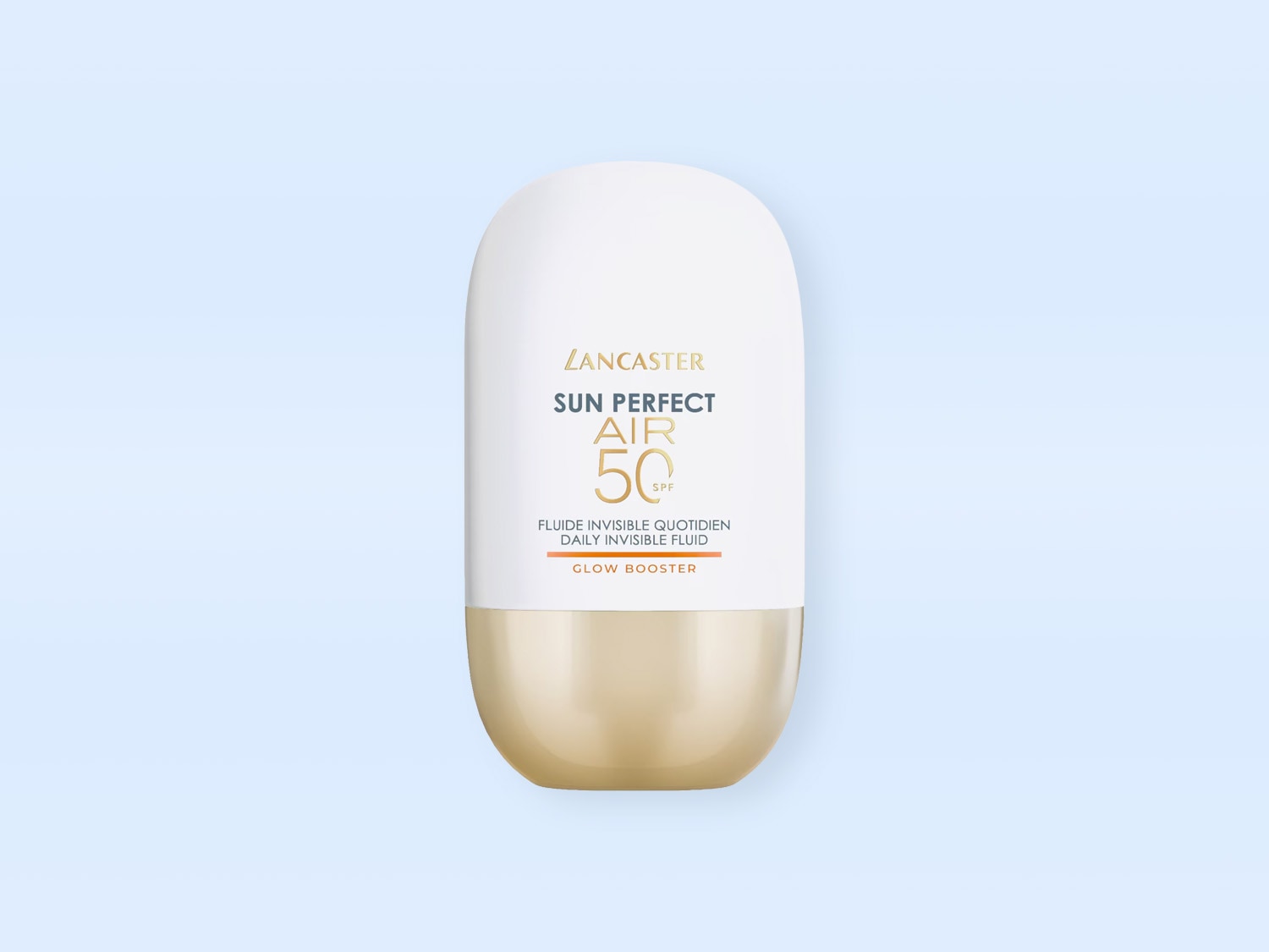 Die Lancaster Sun Perfect Air SPF 50 ist eine weiße Flasche mit goldenem Boden und goldenem Text, die einen unsichtbaren täglichen Lichtschutzfaktor mit Glow Booster bietet.