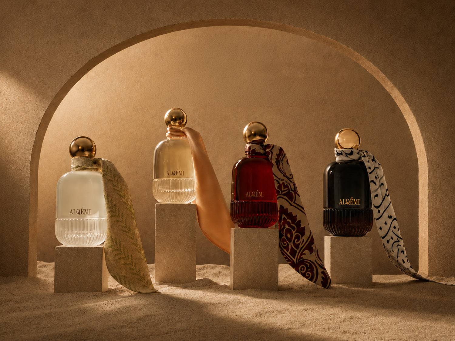 Quatre flacons de parfum Alqémi, deux clairs et deux foncés, sont présentés sur des socles en pierre, chacun orné d'un foulard en soie coloré, dans un décor de sable sous une arche.
