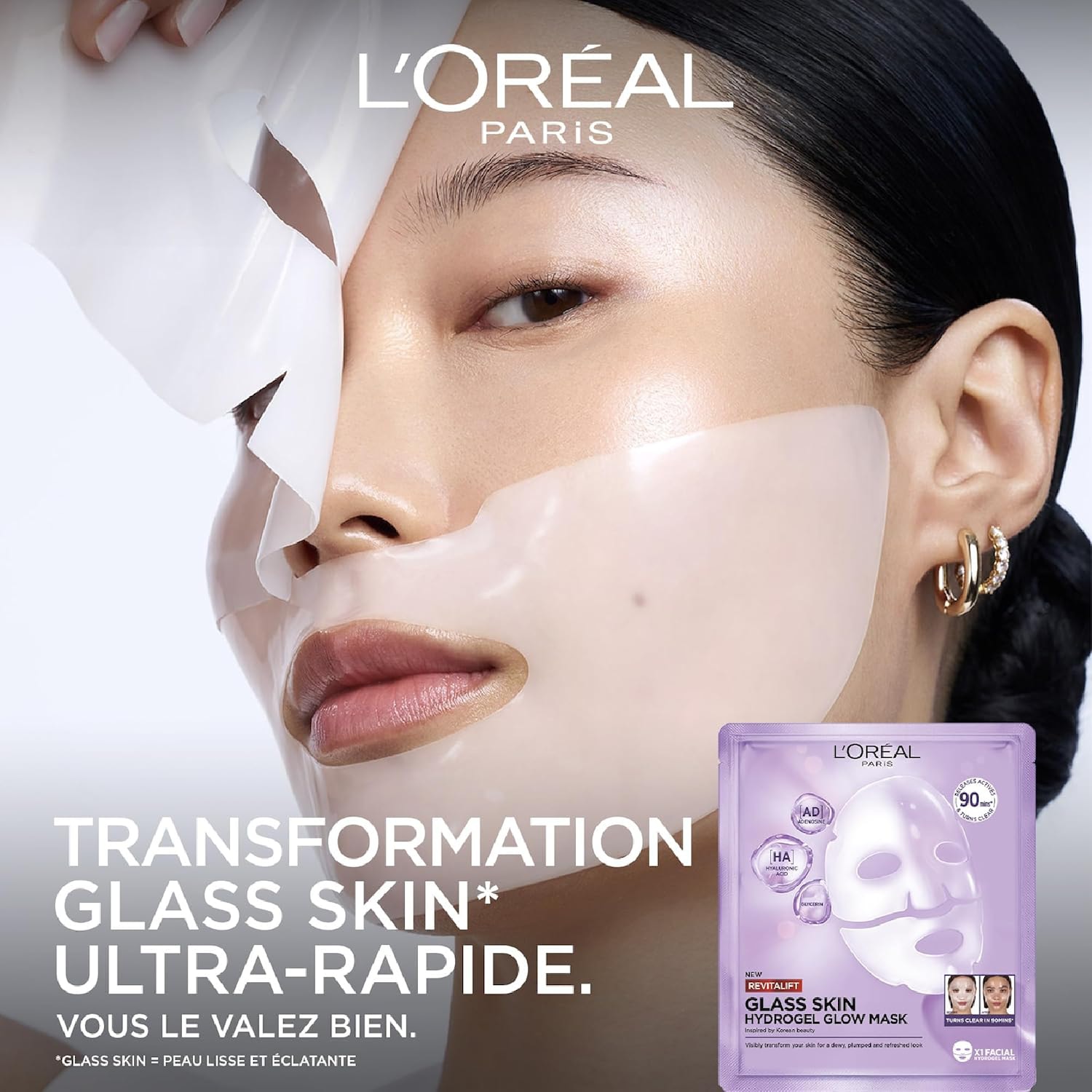 Découvrez le masque hydrogel L'Oréal Paris Revitalift Glass Skin, un masque violet qui promet une transformation rapide pour une peau lisse et éclatante, inspiré de la beauté coréenne.