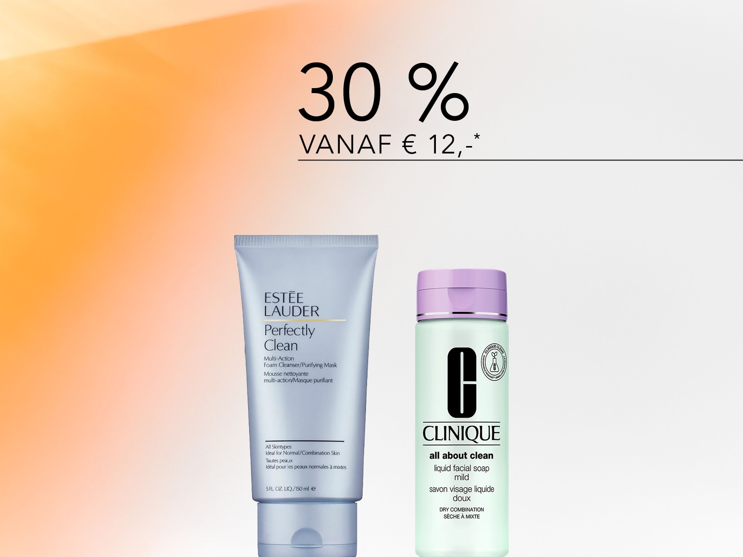 Ontdek de Estée Lauder Perfectly Clean Multi-Action Foam Cleanser/Purifying Mask en de Clinique All About Clean Liquid Facial Soap Mild, nu met 30% korting vanaf €12.