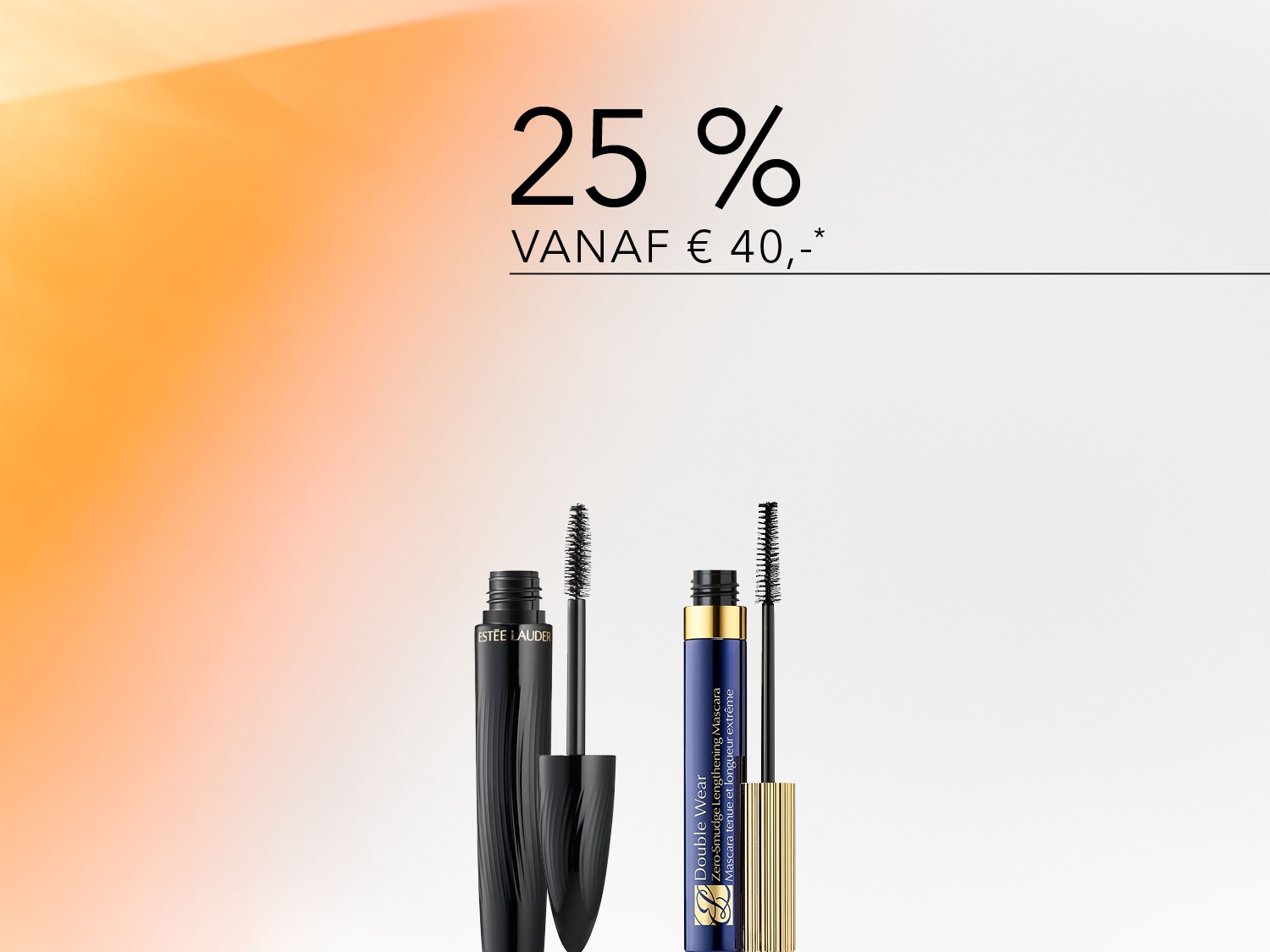 Ontvang 25% korting op Estée Lauder mascara's bij besteding vanaf €40, met de zwarte Estée Lauder Sumptuous Extreme Lash Multiplying Volume Mascara en de blauwe Estée Lauder Double Wear Zero-Smudge Lengthening Mascara.