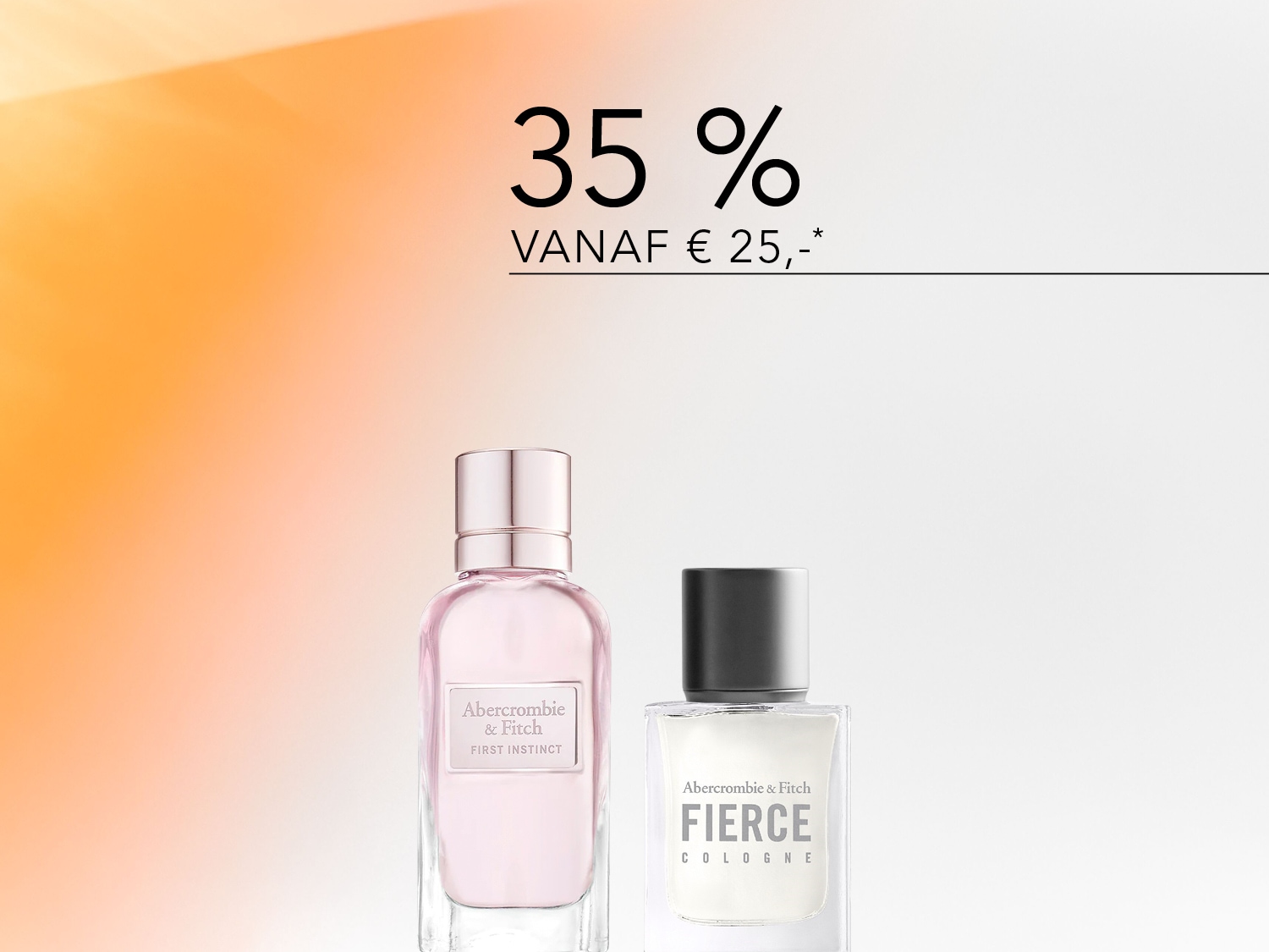 Ontdek de Abercrombie & Fitch geuren: First Instinct in een roze fles en Fierce Cologne in een witte fles, nu met 35% korting vanaf €25.