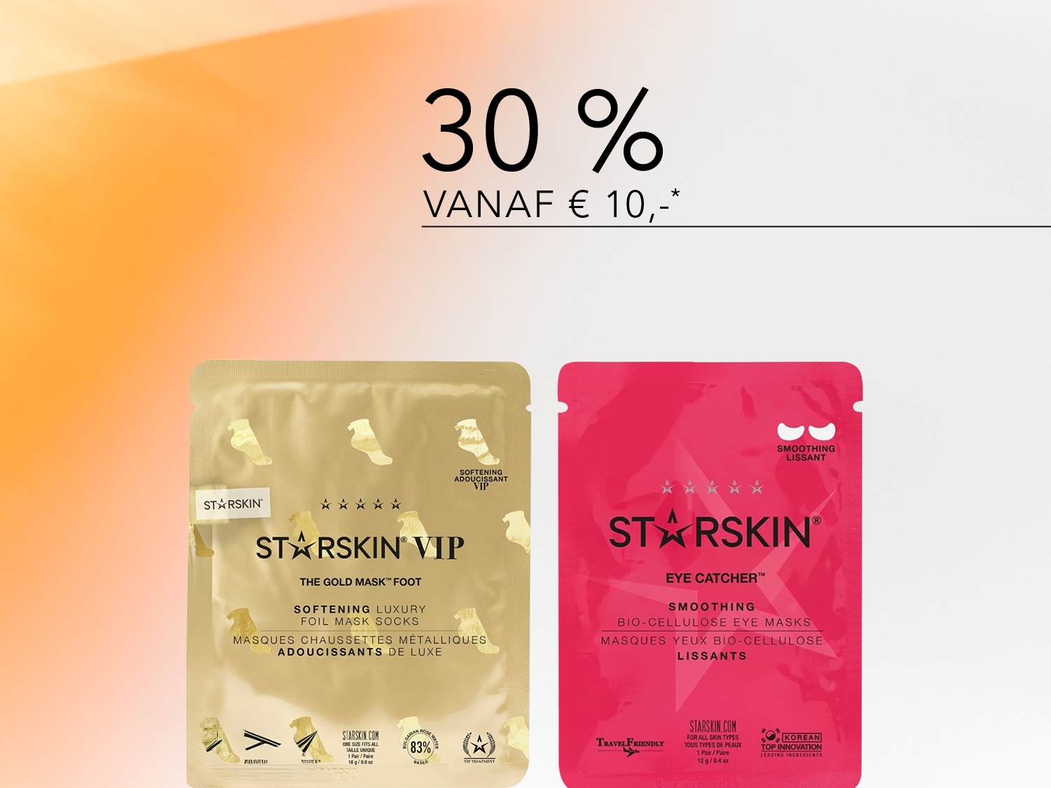 Ontdek de Starskin VIP The Gold Mask™ voetmasker sokken en de Starskin Eye Catcher™ oogmaskers, nu met 30% korting vanaf €10.