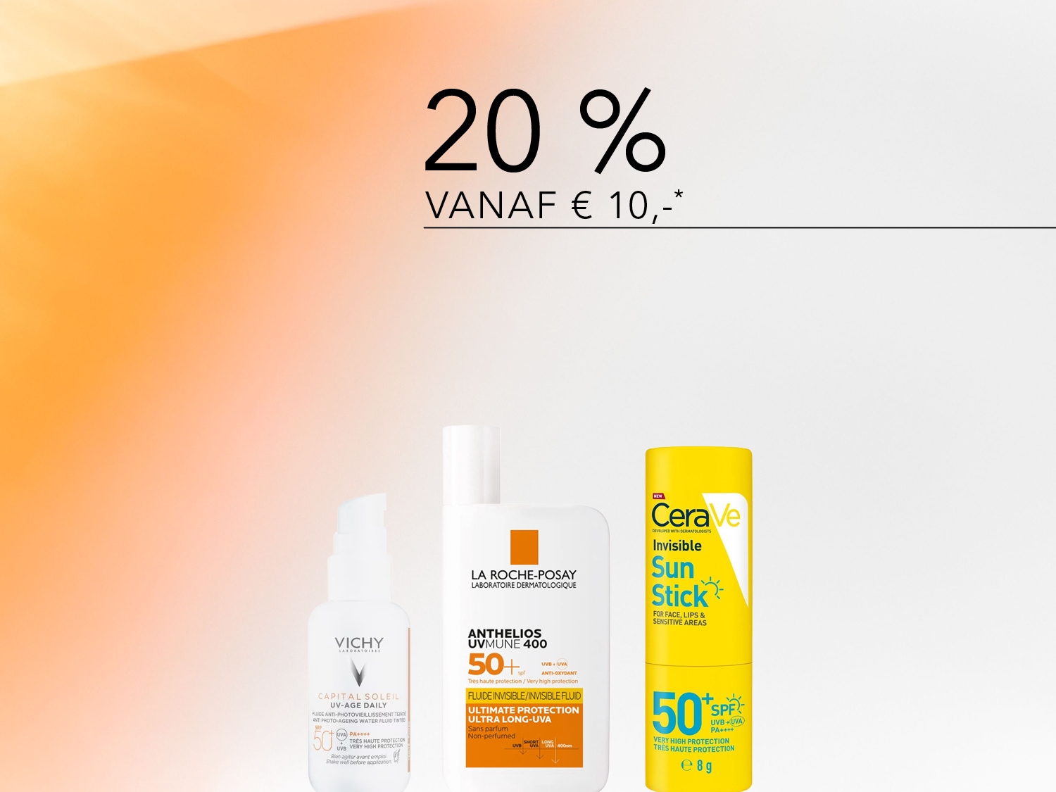 Ontdek de Vichy Capital Soleil UV-Age Daily getinte anti-aging waterfluid met SPF 50+, de La Roche-Posay Anthelios UVMune 400 onzichtbare vloeistof met SPF 50+, en de CeraVe Invisible Sun Stick met SPF 50+, nu met 20% korting vanaf €10.