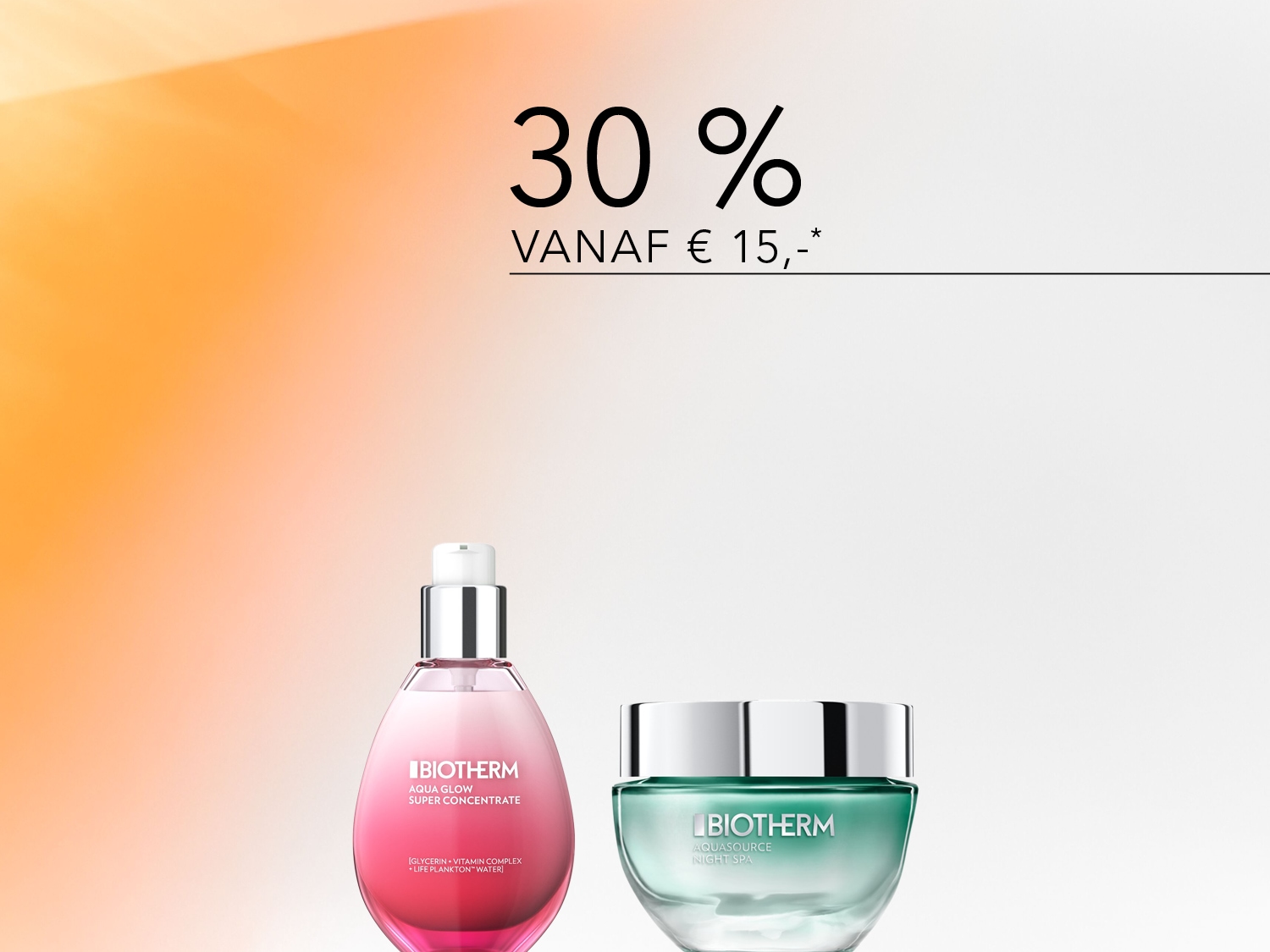 Ontdek de Biotherm Aqua Glow Super Concentrate in een roze fles met pompje en de Aquasource Night Spa in een turquoise pot, nu met 30% korting vanaf €15.