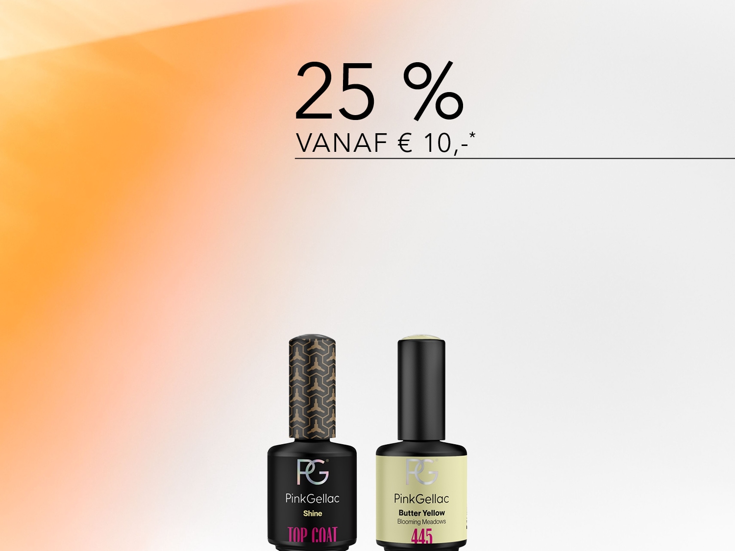 Ontdek de PinkGellac Shine Top Coat en Butter Yellow nagellak, nu met 25% korting vanaf €10,-.