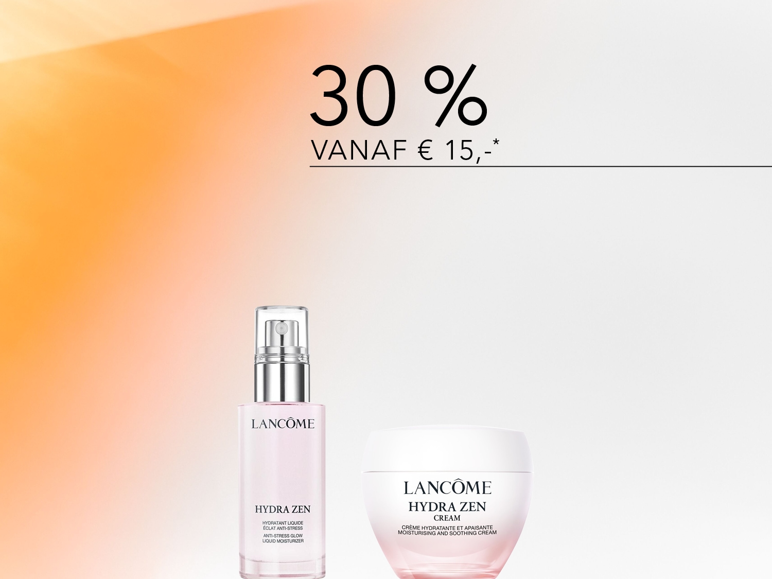 Ontdek Lancôme Hydra Zen: een roze vloeibare moisturizer in een sprayflacon en een crème in een potje, nu met 30% korting vanaf €15.