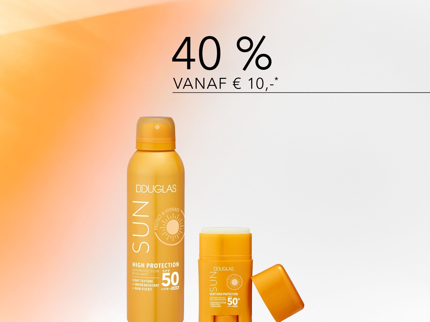 Ontdek de Douglas Sun-collectie met 40% korting vanaf €10, inclusief een gele spuitbus zonnebrandcrème met SPF 50 en een gele zonnebrandstick met SPF 50+ voor gezicht en gevoelige zones.