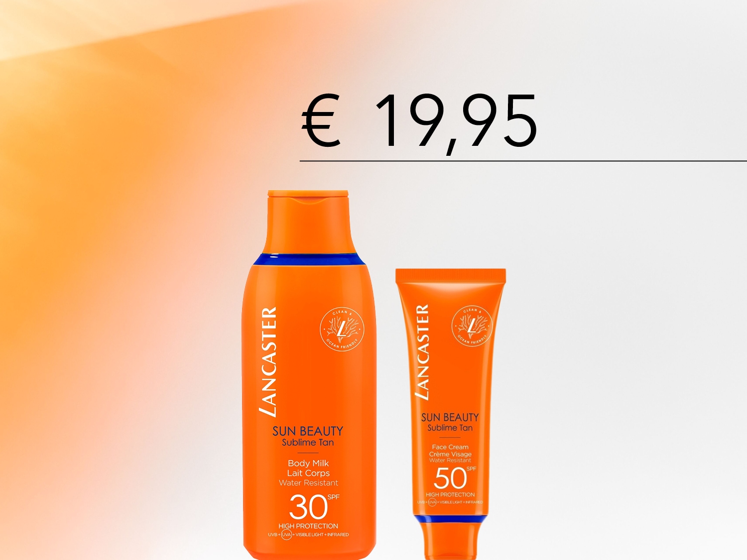 De Lancaster Sun Beauty Sublime Tan Body Milk SPF 30 en Face Cream SPF 50, beide waterbestendig en met hoge bescherming tegen UVB, UVA, zichtbaar licht en infrarood, zijn nu verkrijgbaar voor €19,95.