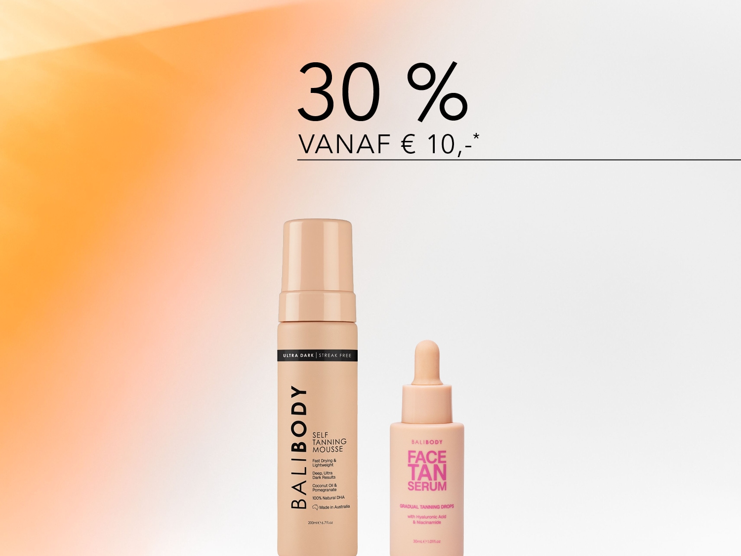 Ontdek de Bali Body Self Tanning Mousse en Face Tan Serum, nu met 30% korting vanaf €10,-, voor een snelle, streeploze en diepe, ultra-donkere teint.