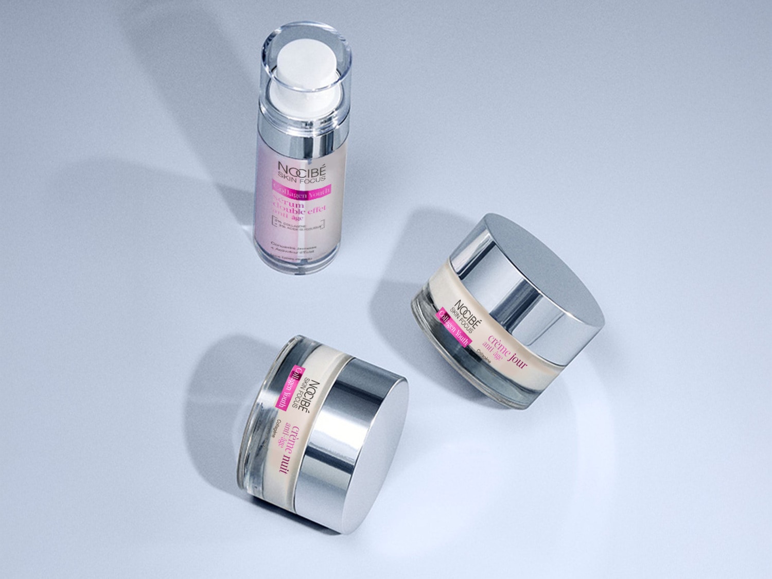 Découvrez la gamme NOCIBÉ SKIN FOCUS Collagen Youth, comprenant un sérum double effet, une crème de jour anti-âge et une crème de nuit anti-âge, pour une routine de soins complète.