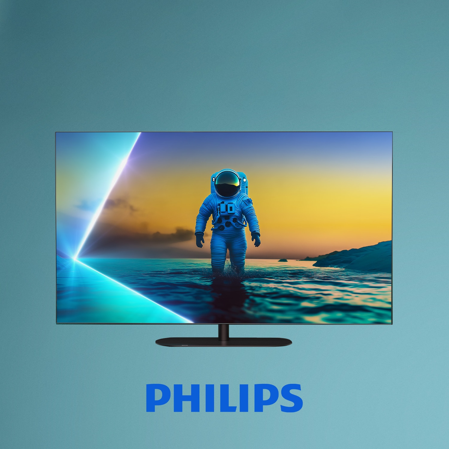 Ein Philips-Fernseher zeigt einen Astronauten in einem blauen Anzug, der durch flaches Wasser geht, mit einem leuchtenden Horizont und dem Philips-Logo darunter.
