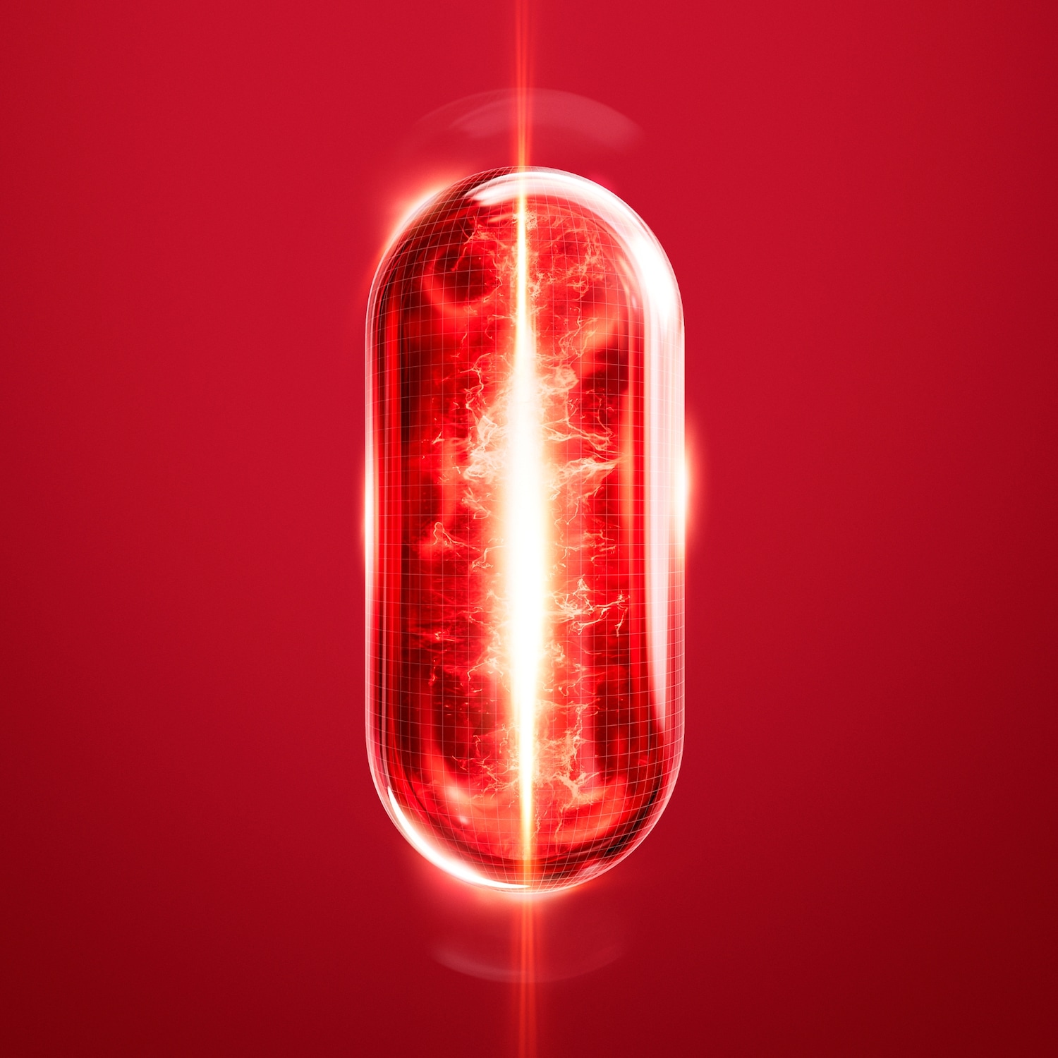 Eine rote Kapsel mit einem leuchtenden, bläulichen Lichtstrahl in der Mitte, der von oben nach unten verläuft, ist vor einem roten Hintergrund zu sehen.