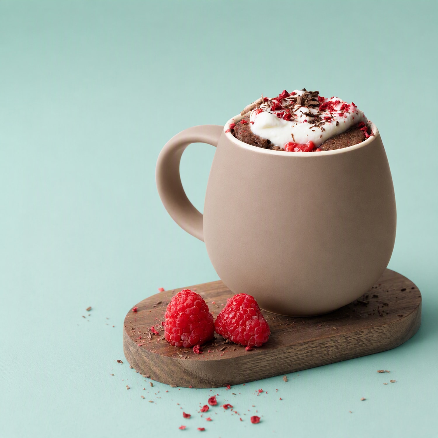 Ein Schokoladen-Mugcake in einer beigefarbenen Tasse, garniert mit Schlagsahne, Schokoladenraspeln und gefriergetrockneten Himbeeren, steht auf einem Holzbrett neben zwei frischen Himbeeren.