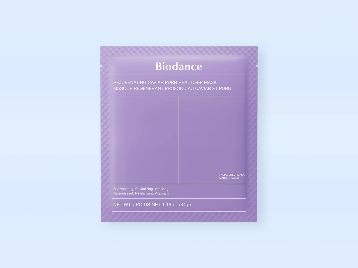 Die Biodance Rejuvenating Caviar PDRN Real Deep Mask ist eine lila Gesichtsmaske, die die Haut verjüngt, revitalisiert und belebt.