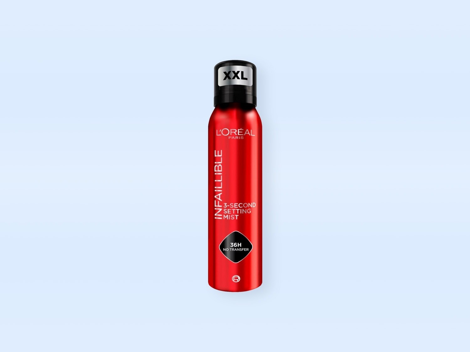 Das L'Oréal Paris Infaillible 3-Second Setting Mist ist ein rotes Spray in einer schlanken Flasche mit schwarzem Deckel, das Ihr Make-up bis zu 36 Stunden fixiert und nicht abfärbt.