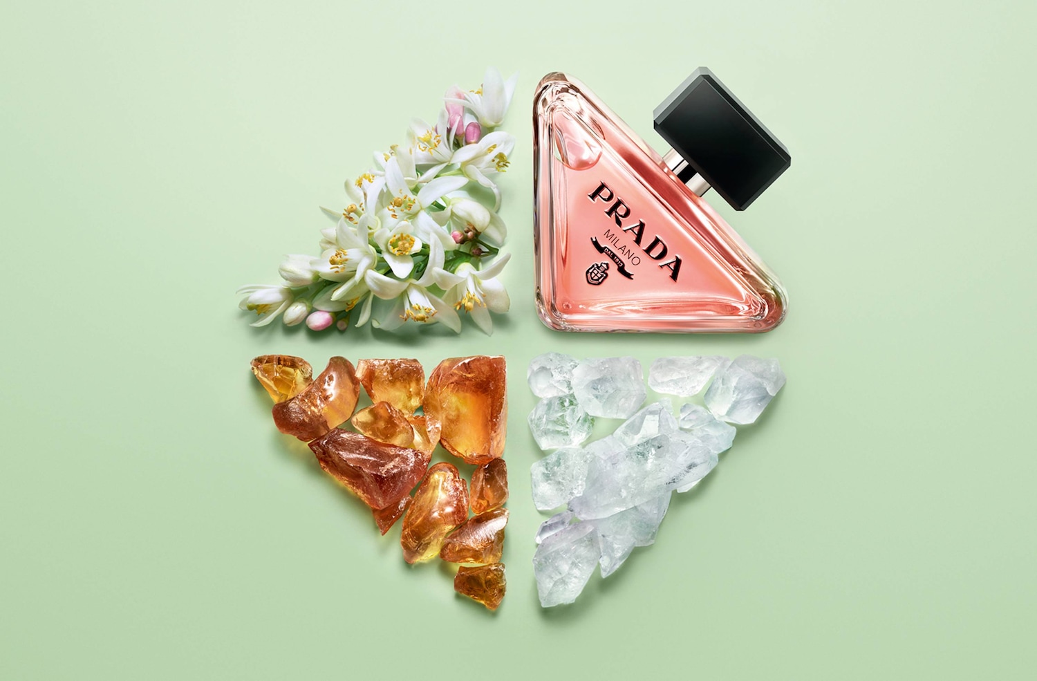 Perfumy Prada Paradoxe w trójkątnym flakonie z różowego szkła, otoczone białymi kwiatami, bursztynowymi kamieniami i przezroczystymi kryształami, prezentują esencję zapachu.