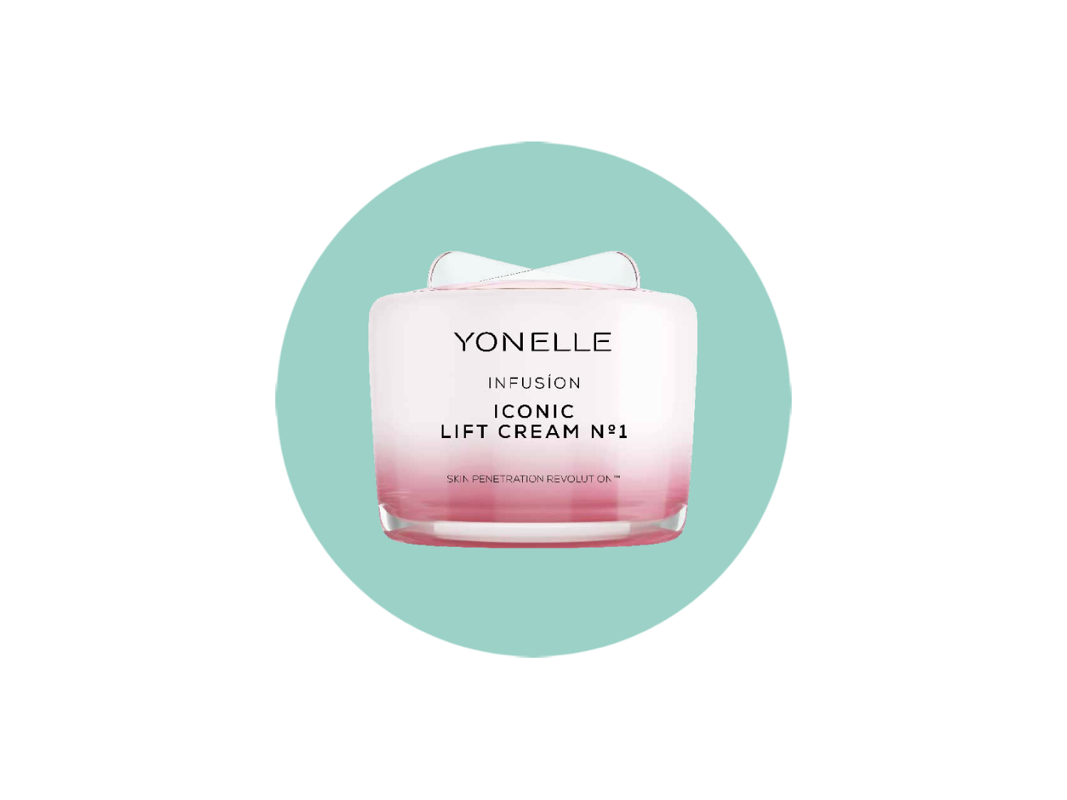 YONELLE INFUSION ICONIC LIFT CREAM N°1 to krem do twarzy w eleganckim, szklanym słoiczku z różowym gradientem, zwieńczonym białą zakrętką z delikatną kokardką, idealny do codziennej pielęgnacji.
