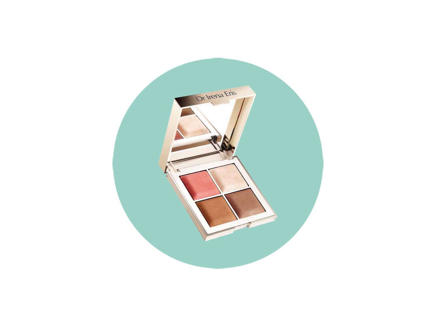 Paleta cieni do powiek Dr Irena Eris w białym opakowaniu z lusterkiem, zawiera cztery odcienie: jasny beż, różowy, brązowy i ciemny brąz.