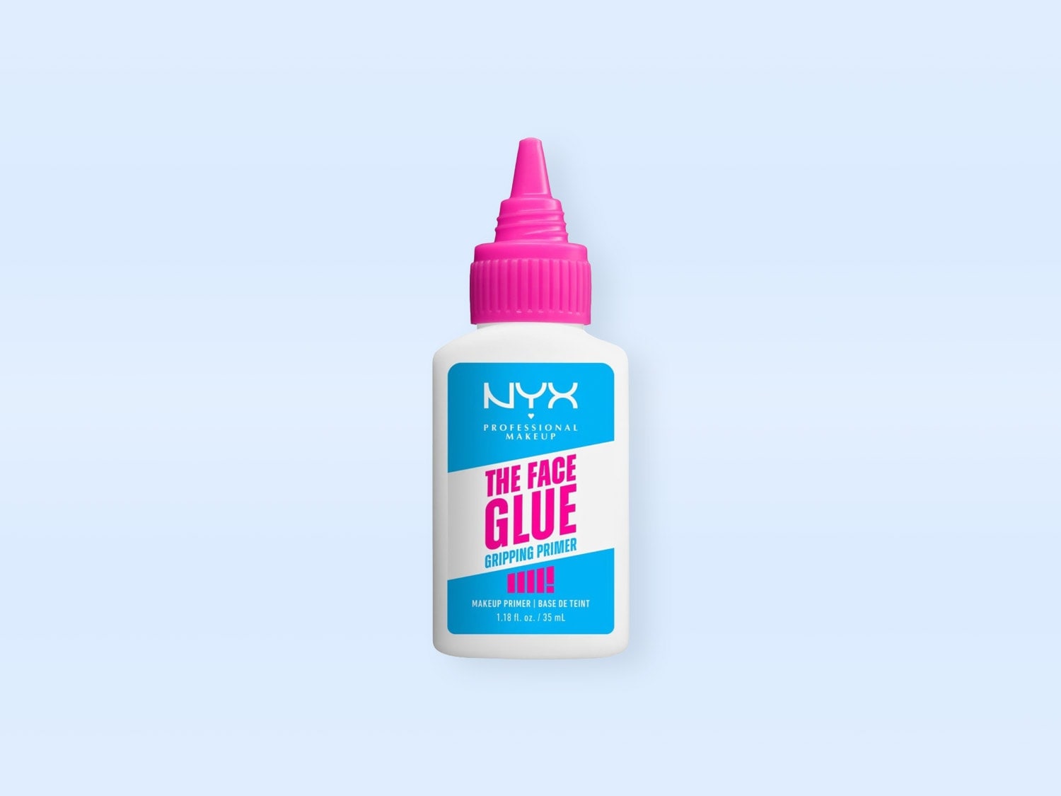 Primerul de machiaj NYX Professional Makeup The Face Glue Gripping Primer, într-un recipient alb cu capac roz, are o capacitate de 35 ml și este conceput pentru a pregăti tenul pentru aplicarea machiajului.