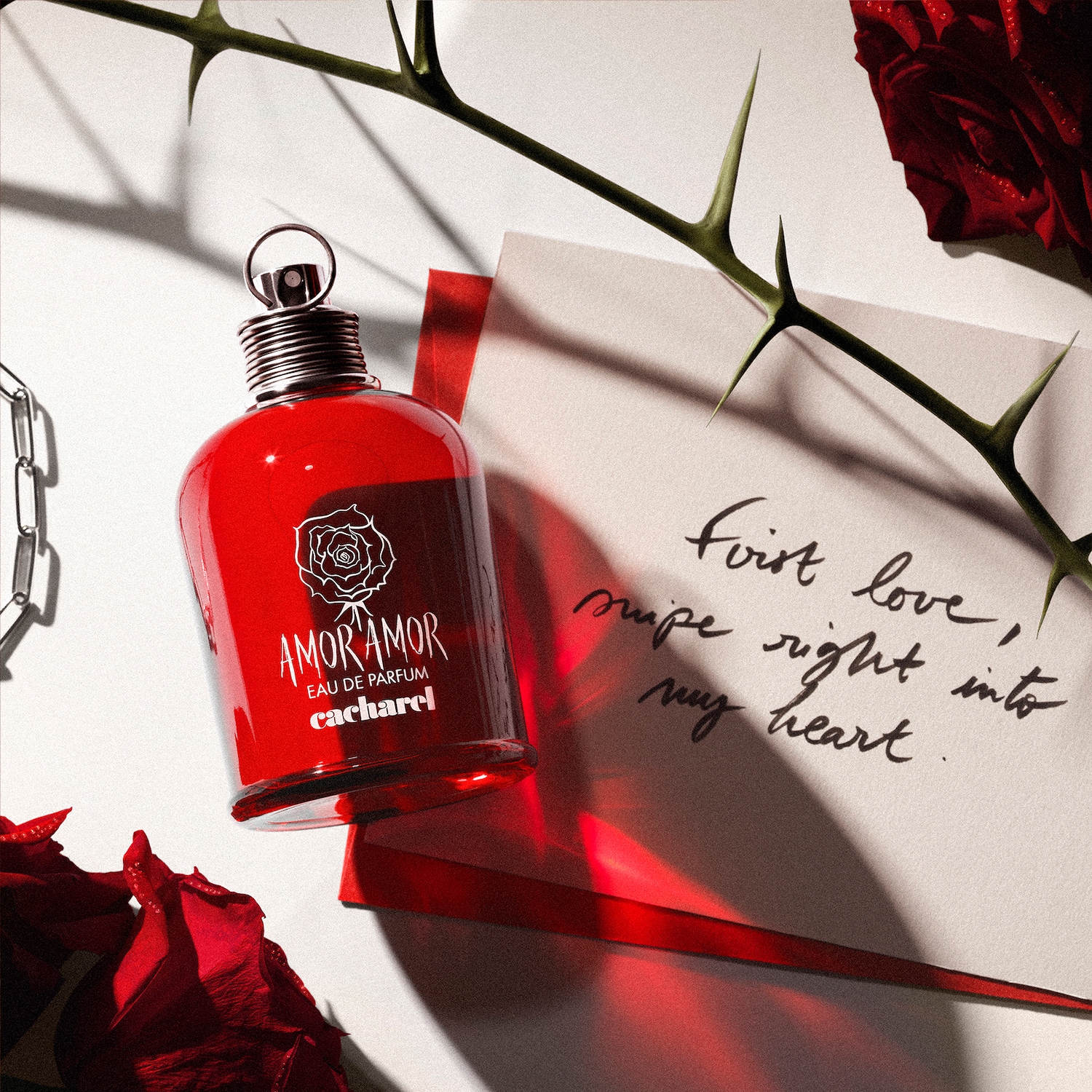 Le parfum Amor Amor de Cacharel, dans son flacon rouge vif, est posé à côté d'une carte avec l'inscription "First love, swipe right into my heart", entouré de roses rouges et d'une branche épineuse.