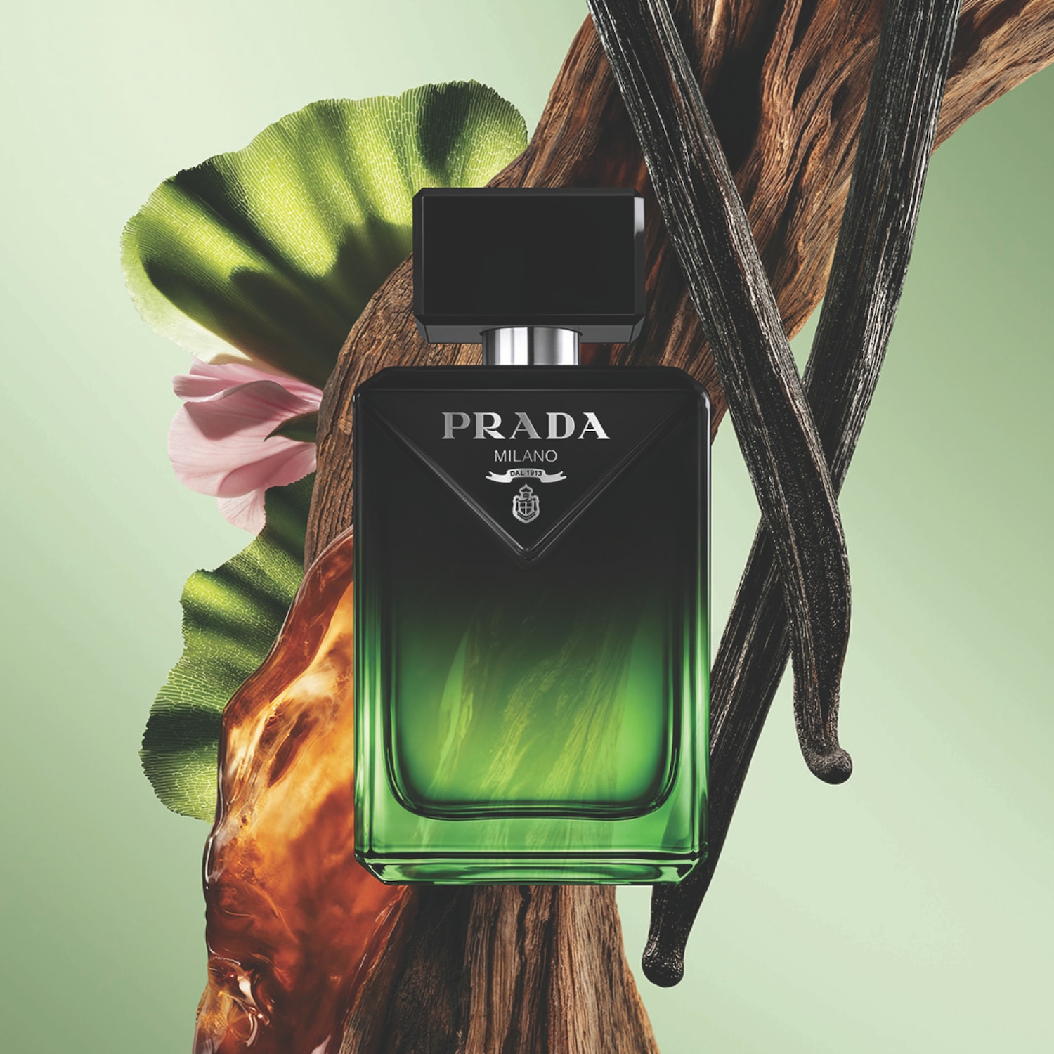 Le parfum Prada Luna Rossa Ocean est présenté dans un flacon noir et vert dégradé, entouré de gousses de vanille, de bois flotté, d'une feuille verte et d'une fleur rose, sur un fond vert clair.