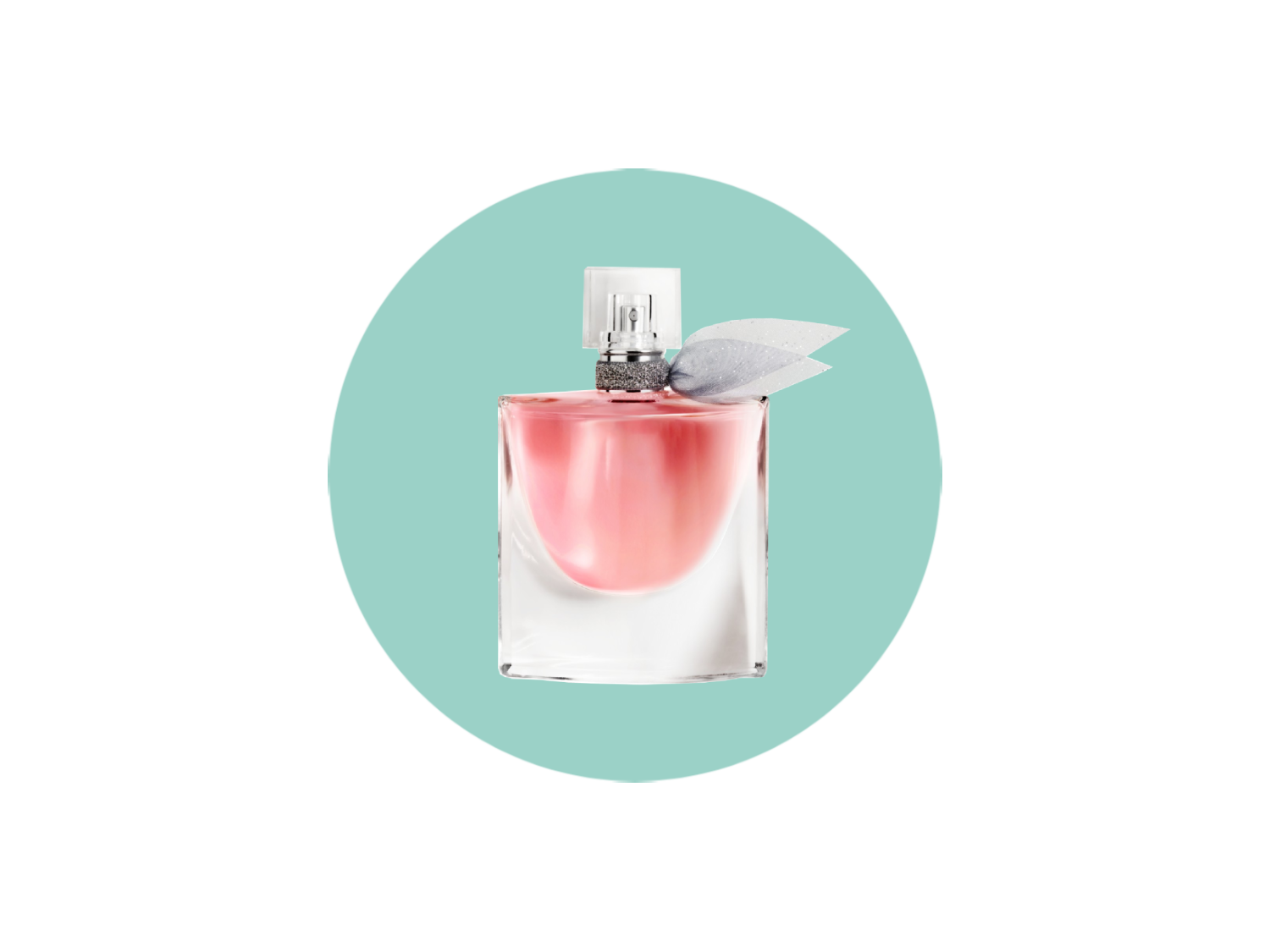 Flakon perfum La Vie Est Belle o pojemności 50 ml, z różowym płynem i srebrną kokardką, na turkusowym tle.