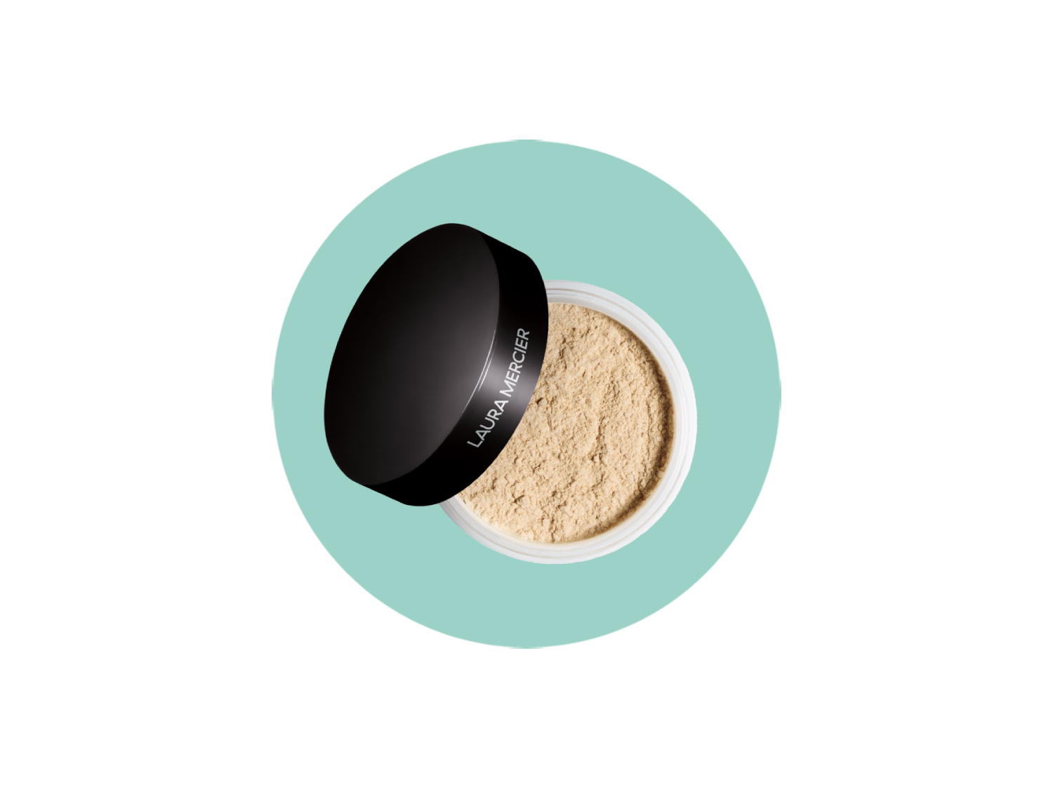 Puder sypki Laura Mercier Translucent Loose Setting Powder w okrągłym, przezroczystym słoiczku z czarną zakrętką, widoczny od góry, na turkusowym tle.